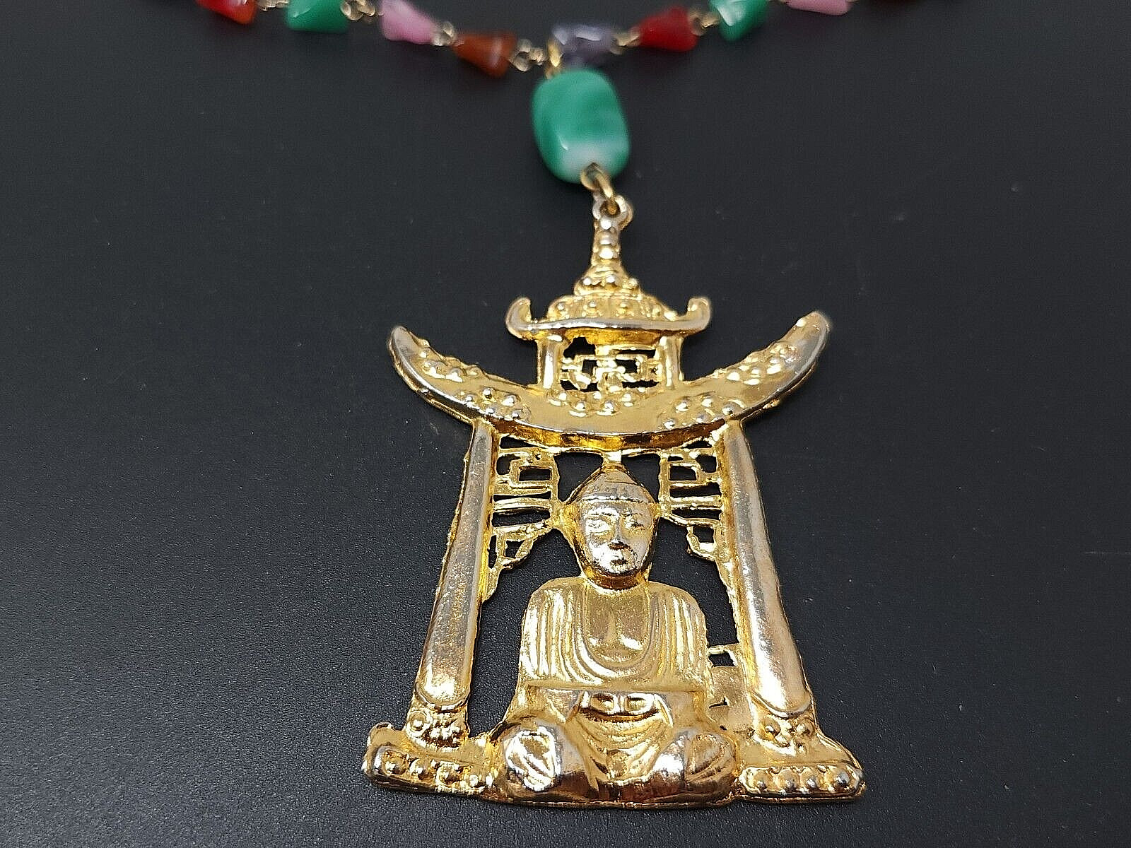 Vtg CZECH Bohemian Asian Buddha Pendant Multicolor Glass Goldtone Necklace 19″