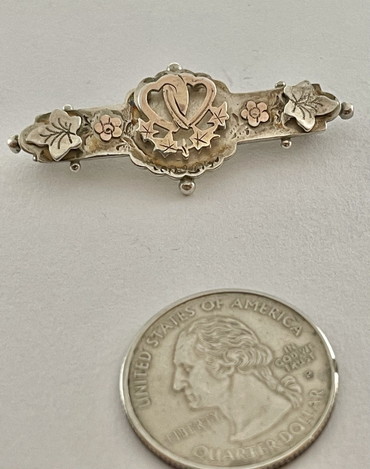 Victorian Double Hearts Sweetheart Bar Brooch Sterling Rose Gold Hallmarked