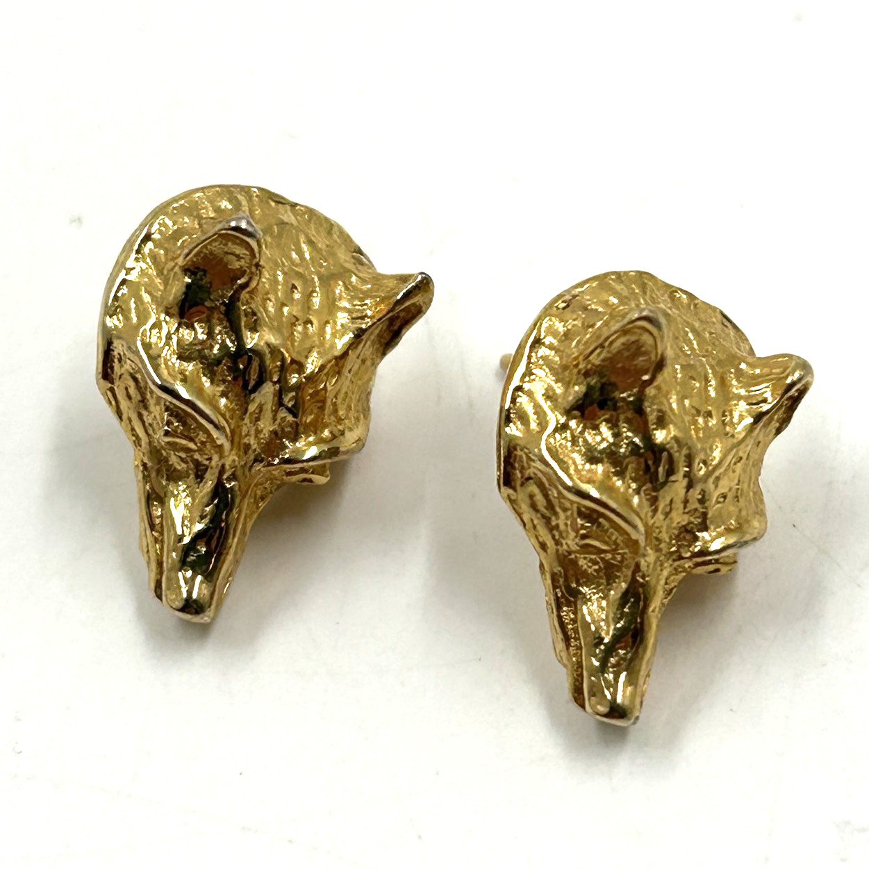 Vintage Signed Gay Boyer Gold Tone Fox Wolf Head Earrings