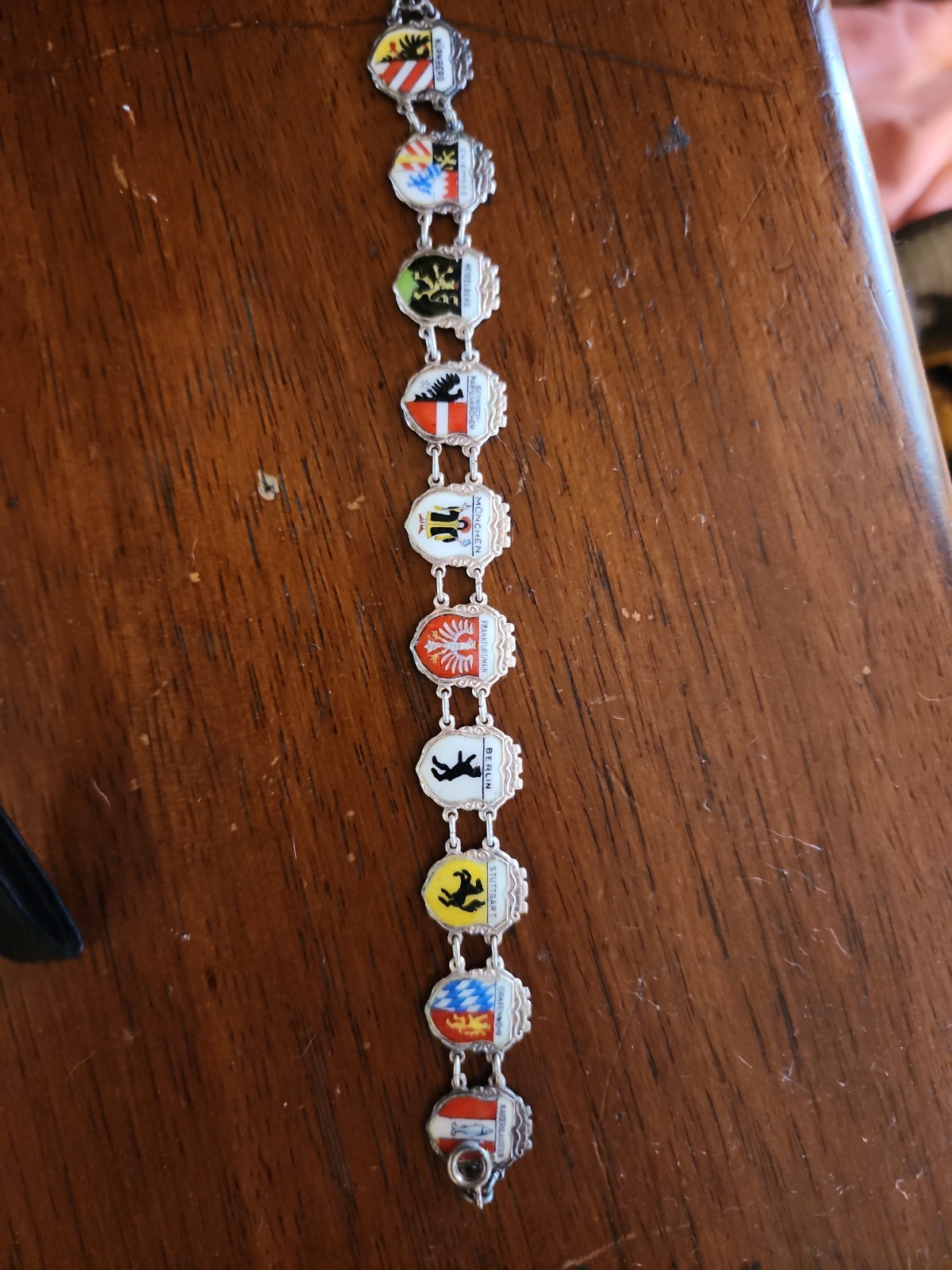 Vintage German Sterling Enamel City Shields Link Bracelet,60’s,Silver,Europe,WOW