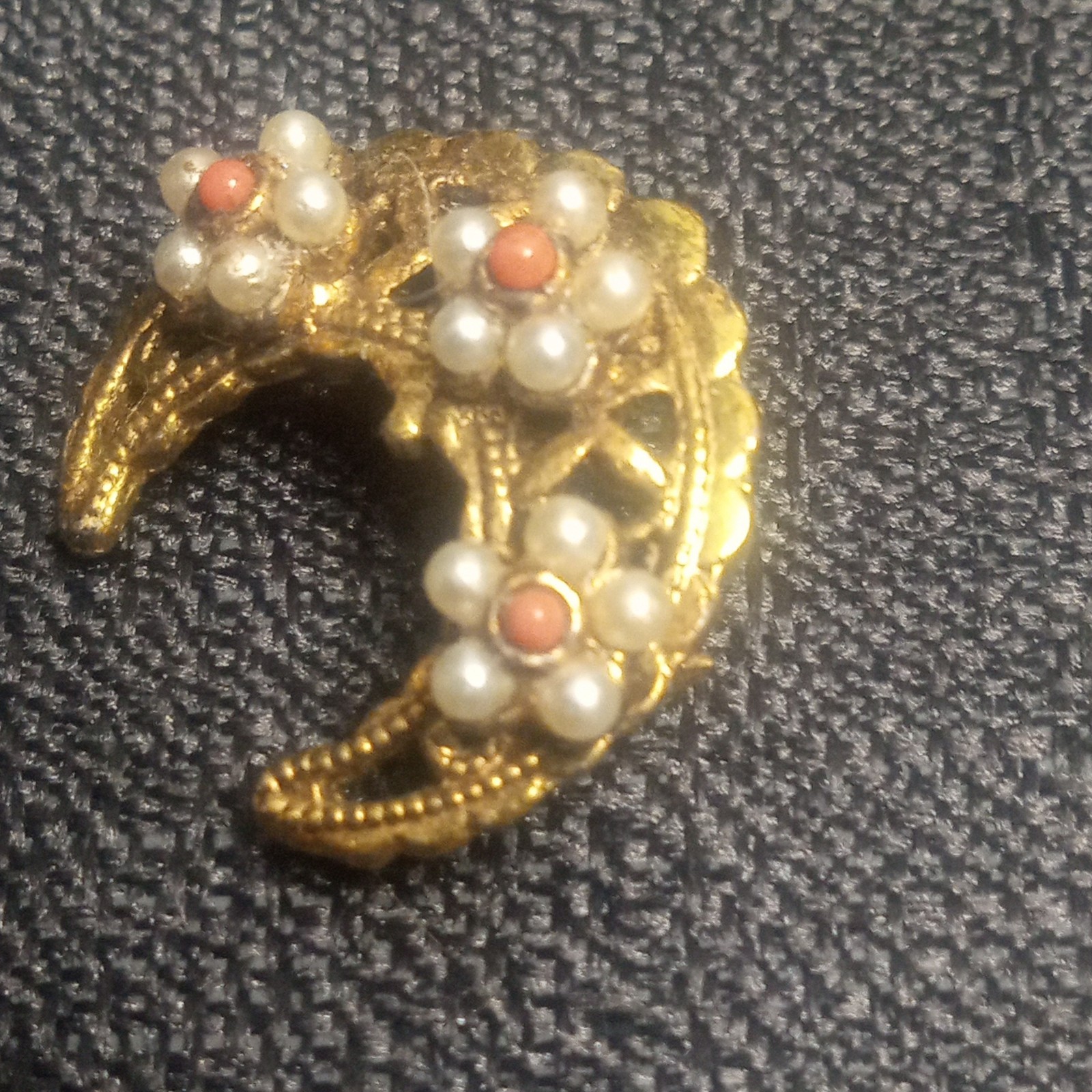 Celestial Crescent Moon Brooch Vintage Tacoa Flower Pearl Filigree Estate Pin