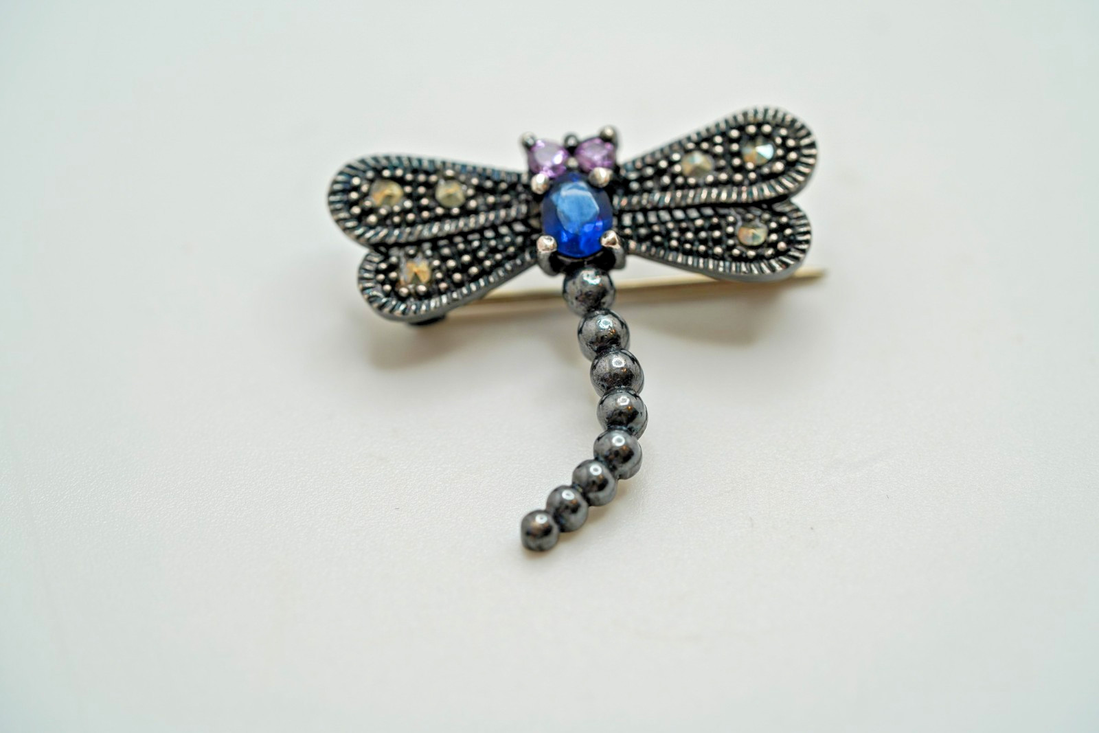 Vintage Blackened Sterling Silver Purple Blue Stone Accent DRAGONFLY Brooch JB35