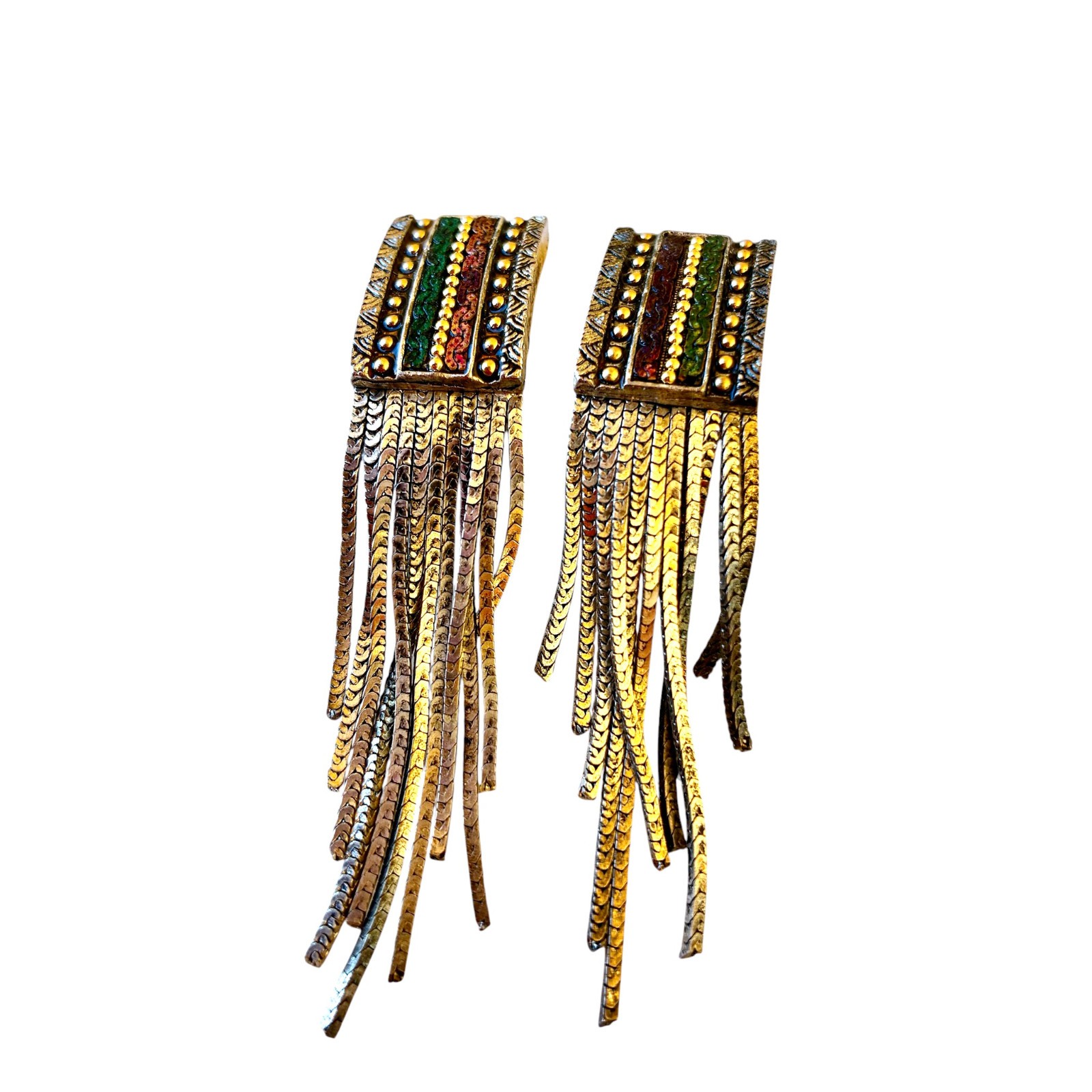 Vintage Turkish Metal Earrings Chain Fringe Dangle Tri-color CLIP-ON