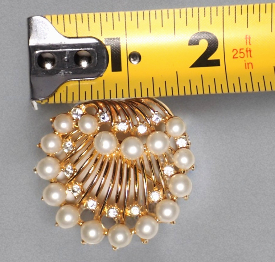 Crown Trifari Brooch with Faux Pearl & Rhinestone Accents Seahell Signed Pin