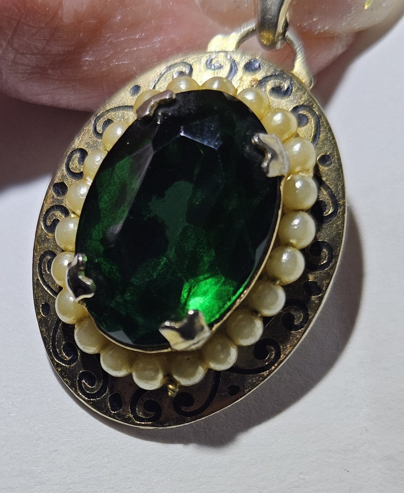 Vintage Emerald Pendant with Pearl Accents On Decorative Gold Tone