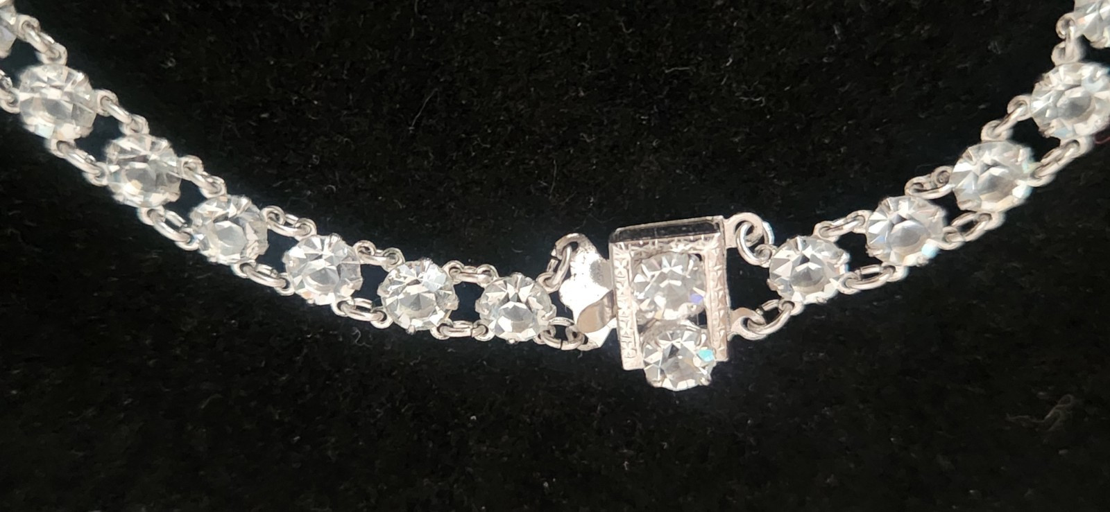 Antique Art Deco Silver Riviera Faceted Crystal Open Back Prong Set Necklace