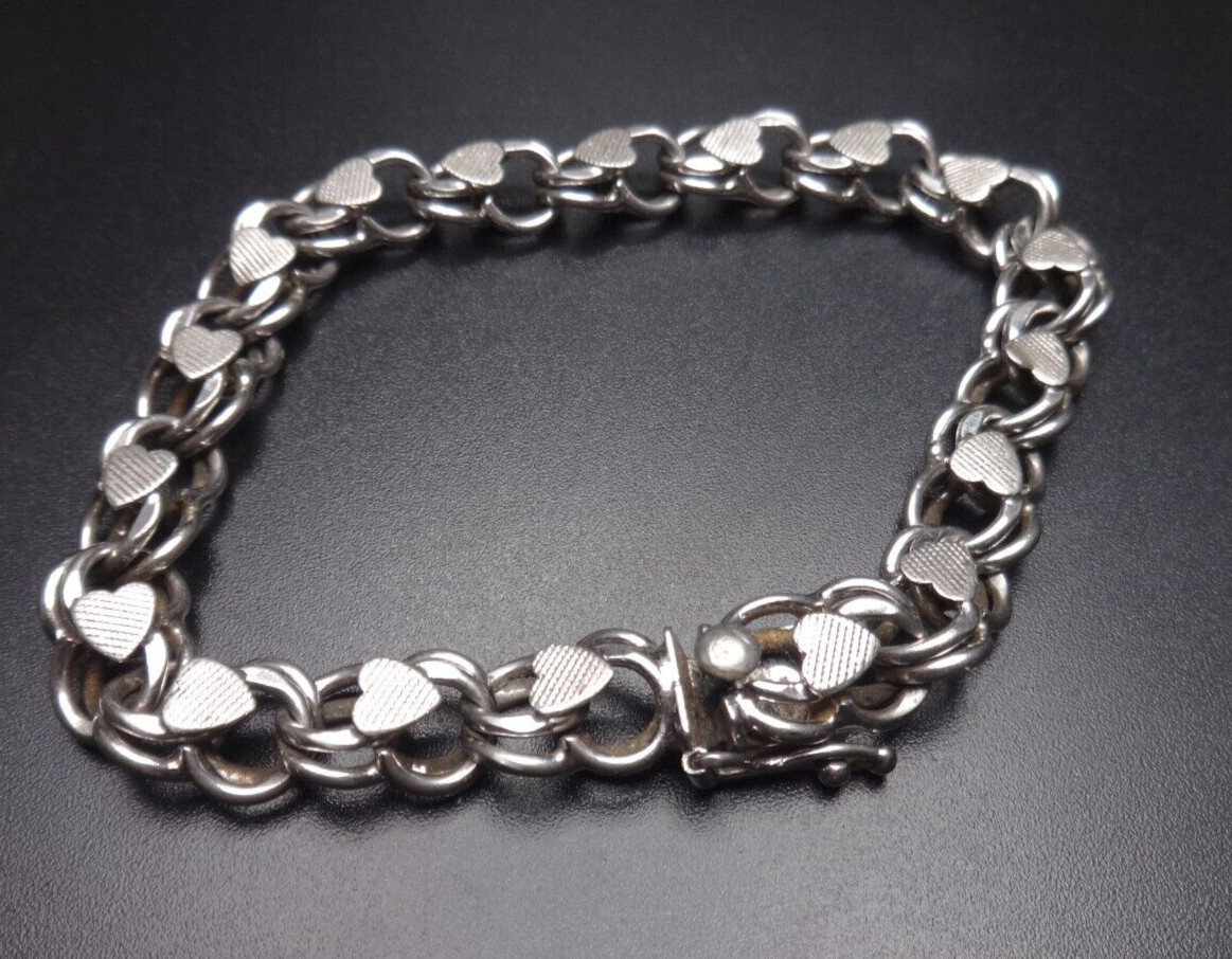 Vintage 925 Sterling Silver Heart Starter Charm Bracelet 7″