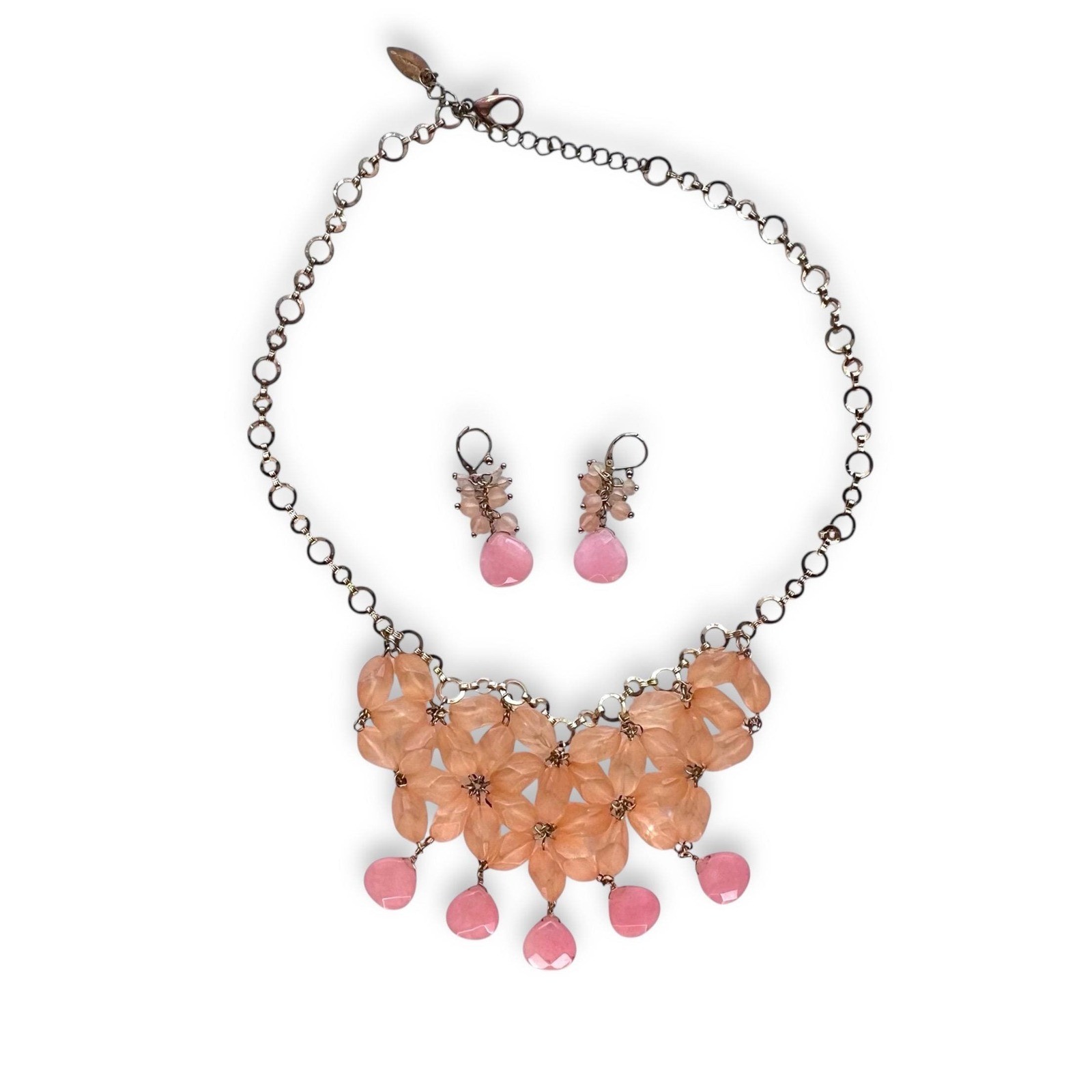 Vintage Bib Necklace Dangle Earring Set Peach Pink Gold Tone Coldwater Creek 21″