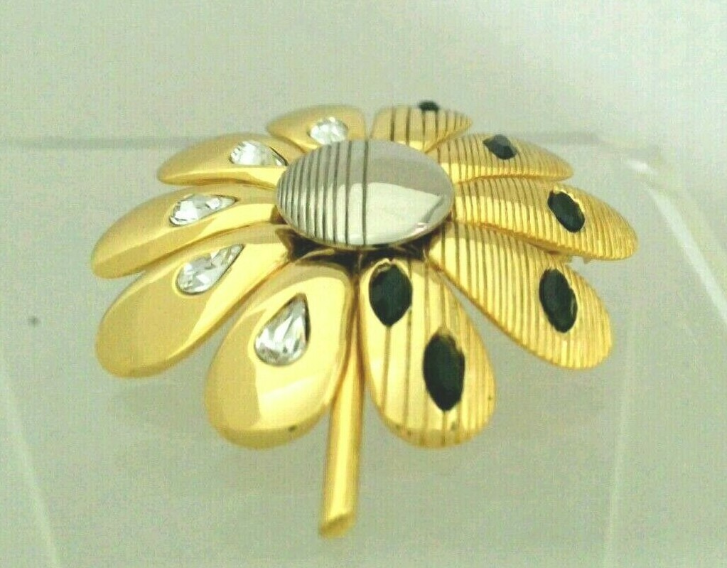 KN. “Orena” Paris Gold Tone Flower Brooch with Clear & Black Crystal signed