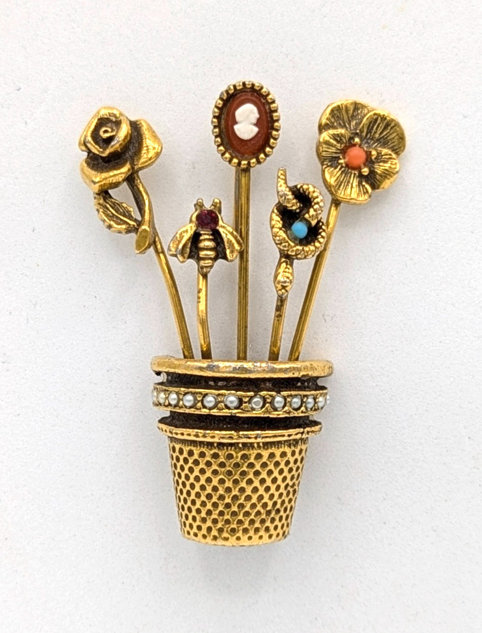 Victorian Thimble Brooch Flower Pot Floral Bouquet Cameo Snake Bee Rose