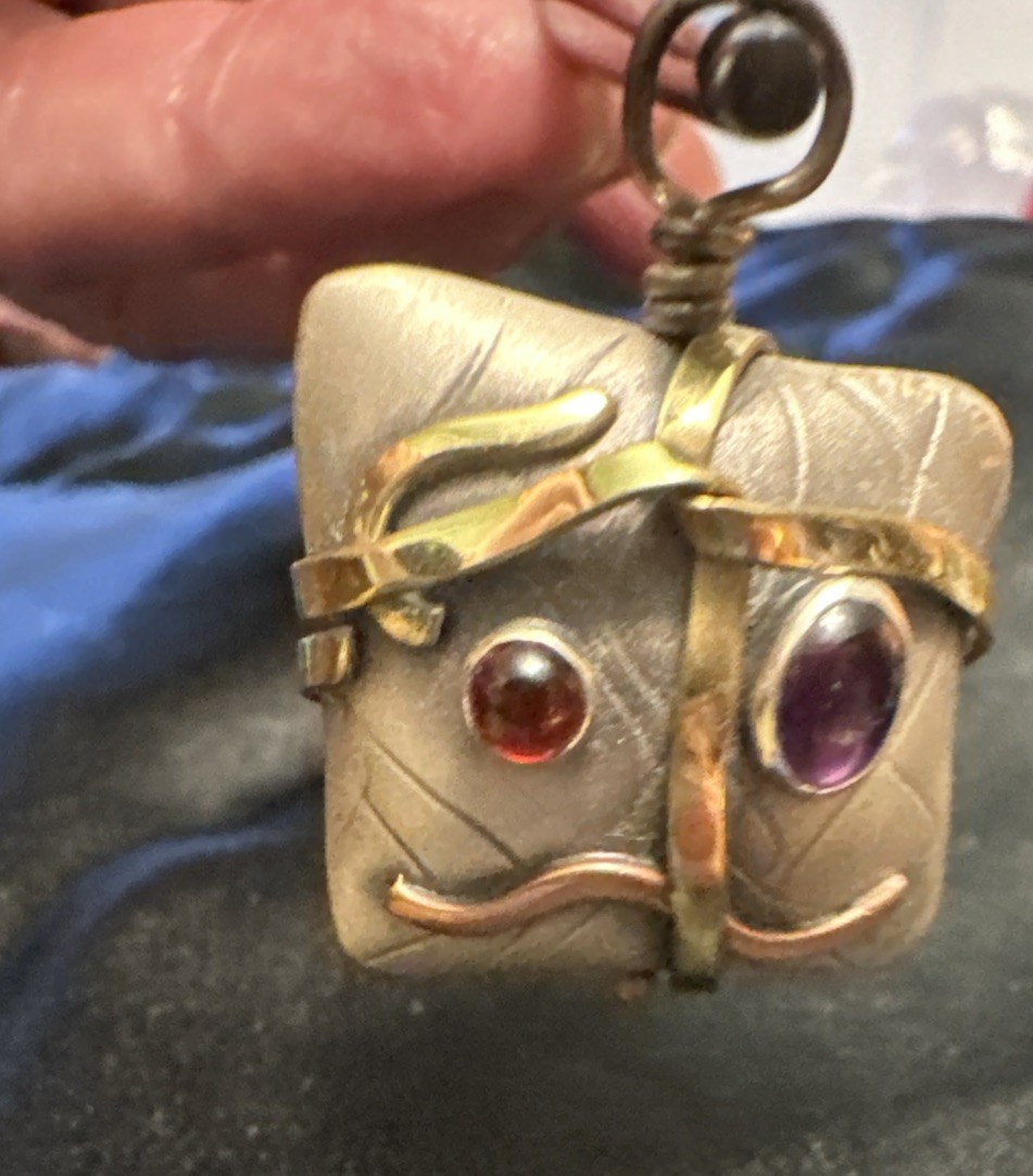 SMB Artesian Signed Sterling Silver, Multi-Metal & Gem 3-D Pendant 1”square