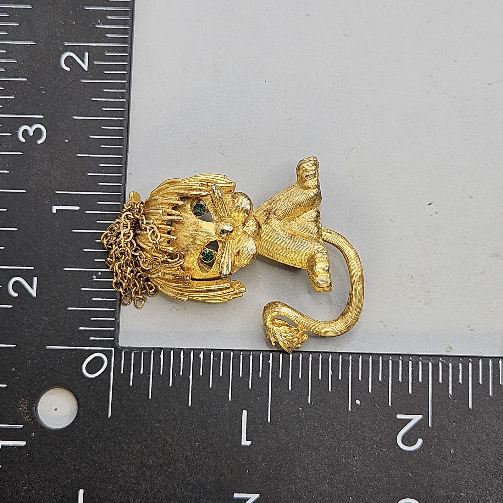 Vintage Gold Plated Rhinestone Lion Cub Brooch Pin Chain Dangle R Mandle Jewelry