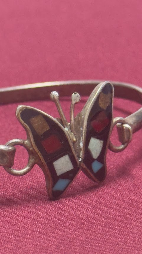 Vintage Silver Inlaid Mosaic Multi-Color Butterfly Cuff Latch Bracelet 11.24g