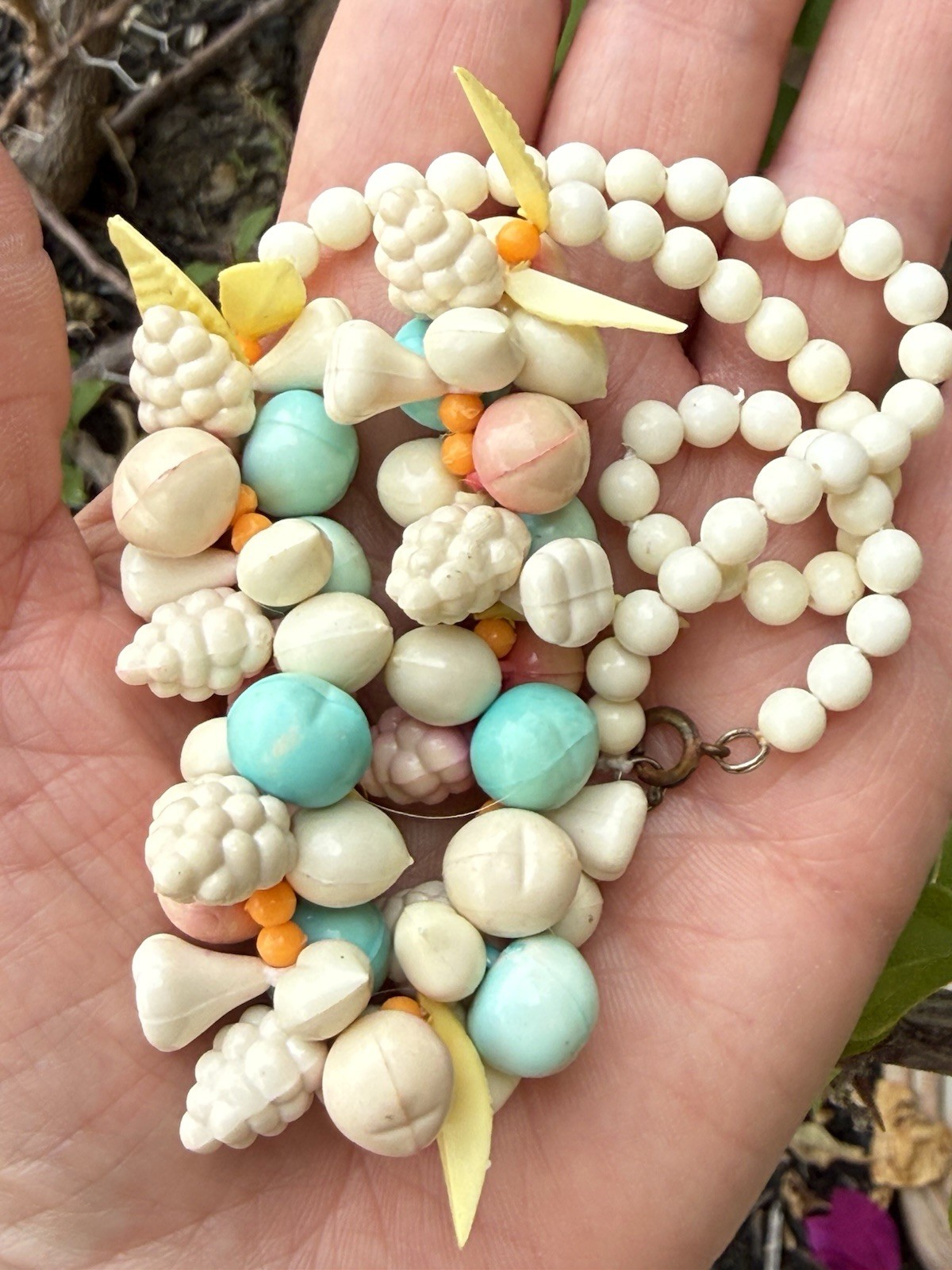 Vintage Celluloid Soft Pastels Fruit Salad Lightweight Summer Necklace 17″ L