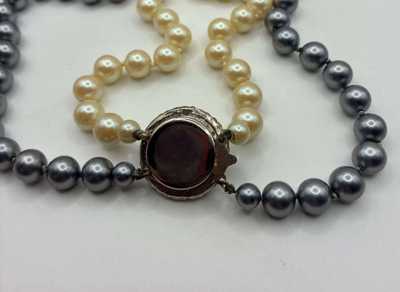 Vintage Double Strand Faux Pearl Necklace Hand Knotted Rhinestone Clasp Wedding
