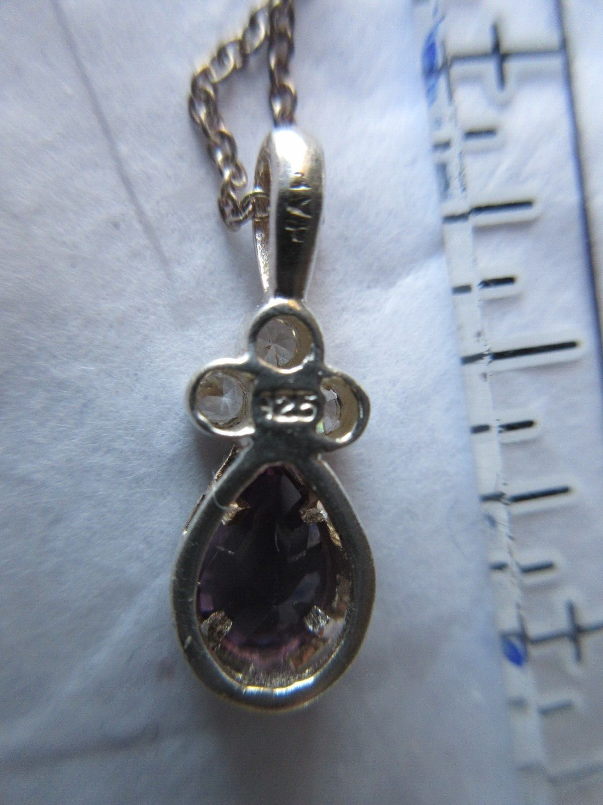 Vintage CW Italy Sterling Necklace & Pear shaped Amethyst Stone 3 CZ Accents