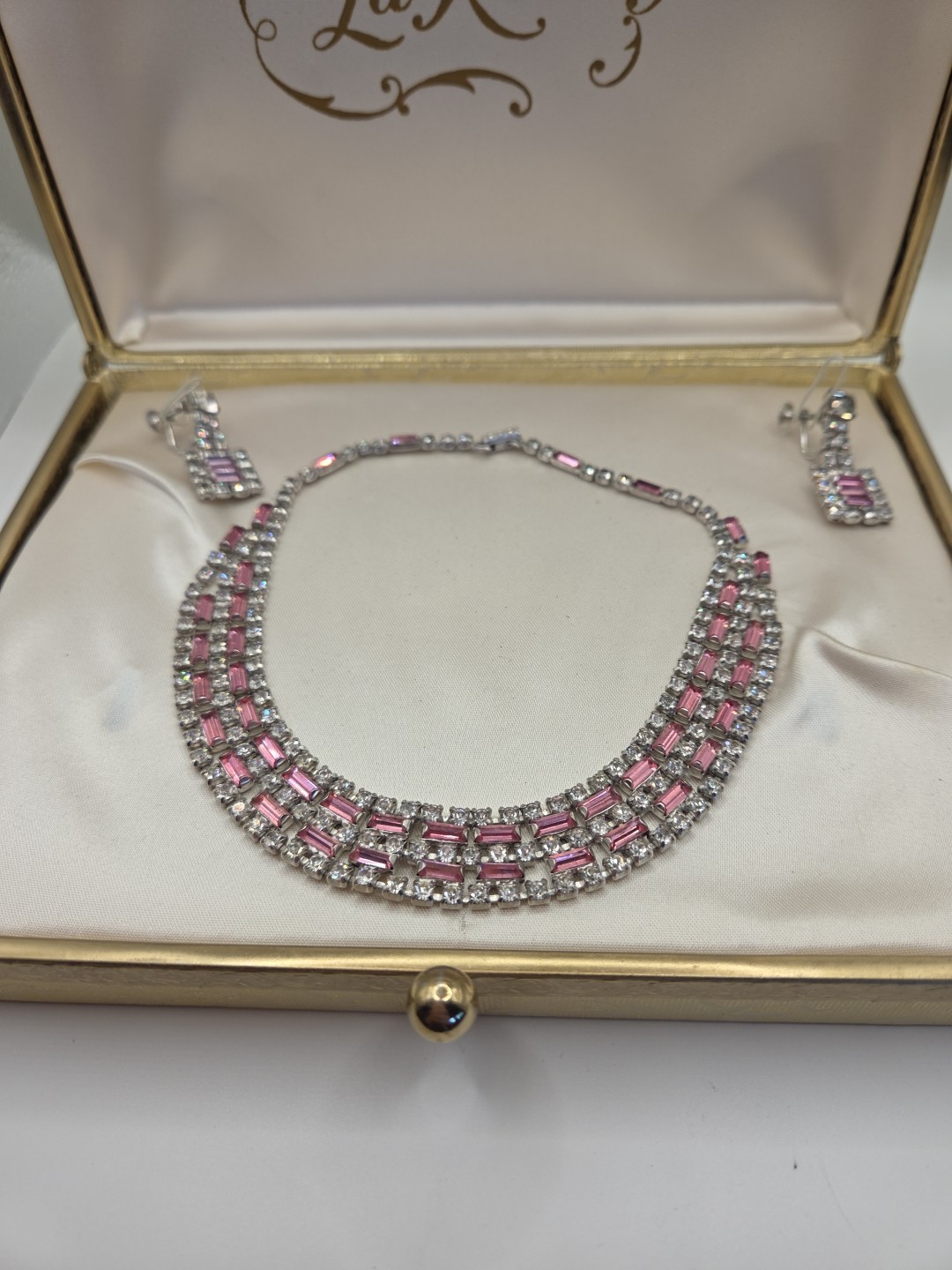 La Roco 1950’s Triple Row Baguette Collar Crystal Pink White Rhinestone Set Box