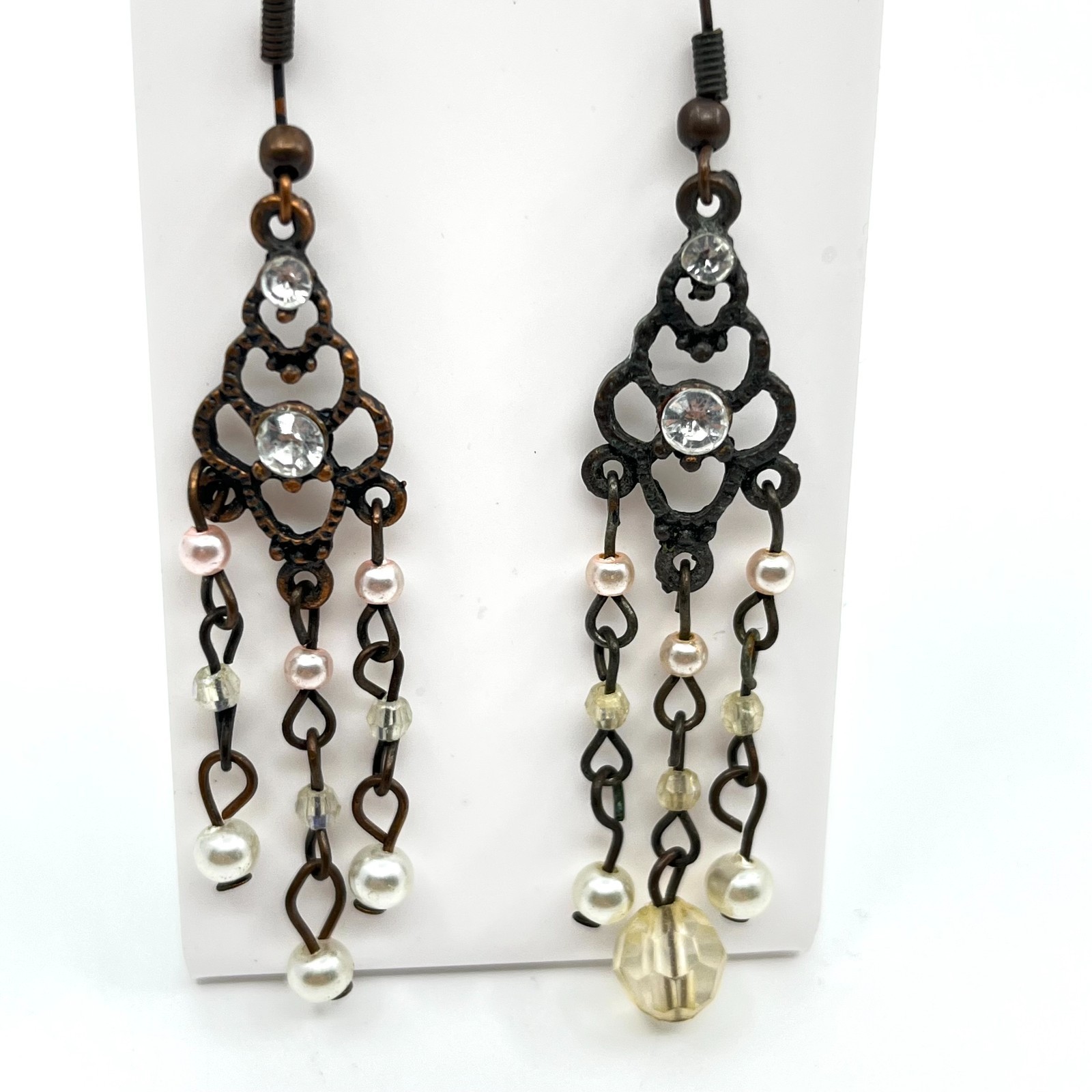 Vintage Antique Bronze Tone Chandelier Earrings Faux Pearl Rhinestone Dangle Y2K