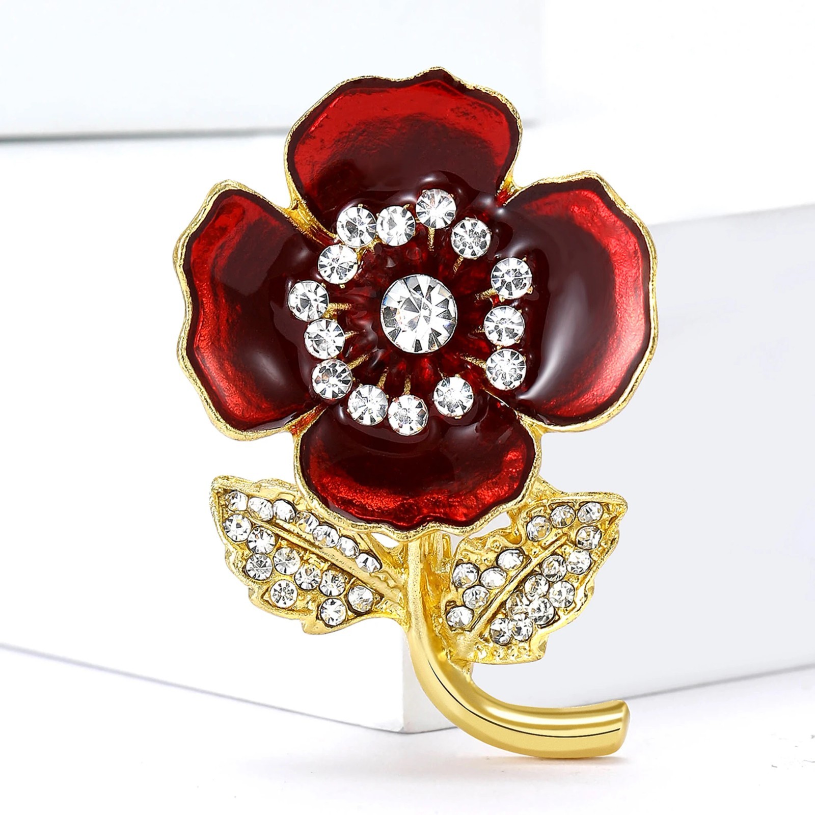 vintage diamond studded poppy flower brooch, elegant flower brooch for women