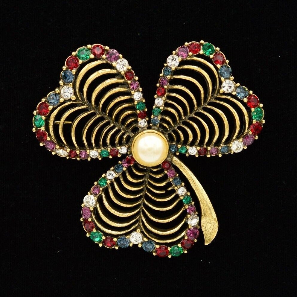 Vintage Crystal Clover Pin Brooch Antiqued Gold Red Green Chunky 1980s Bin5