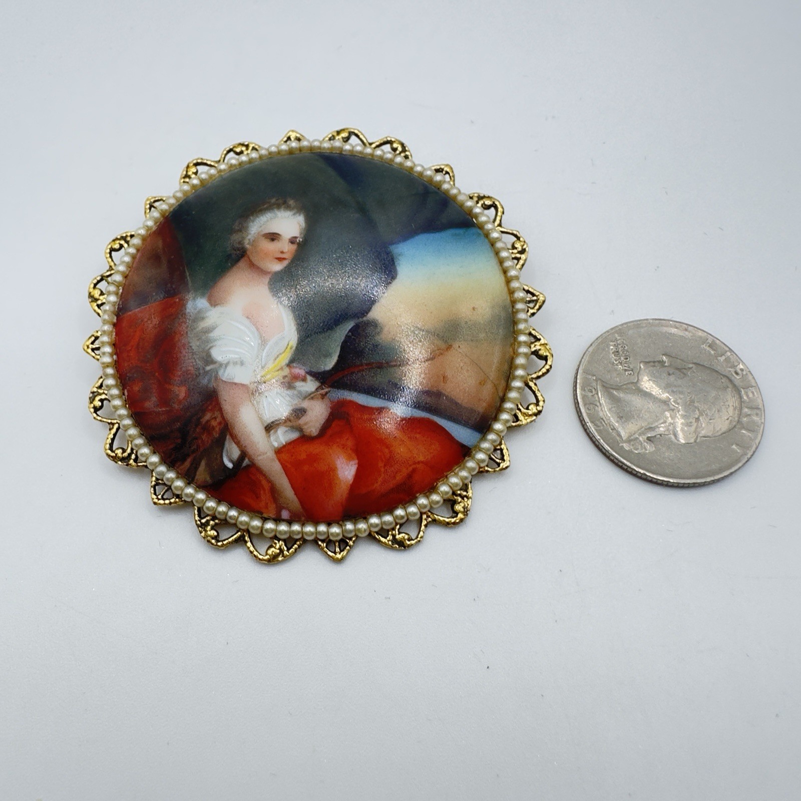 Vintage Porcelain Portrait Brooch Pendant Victorian Revival Faux Pearl Filigree