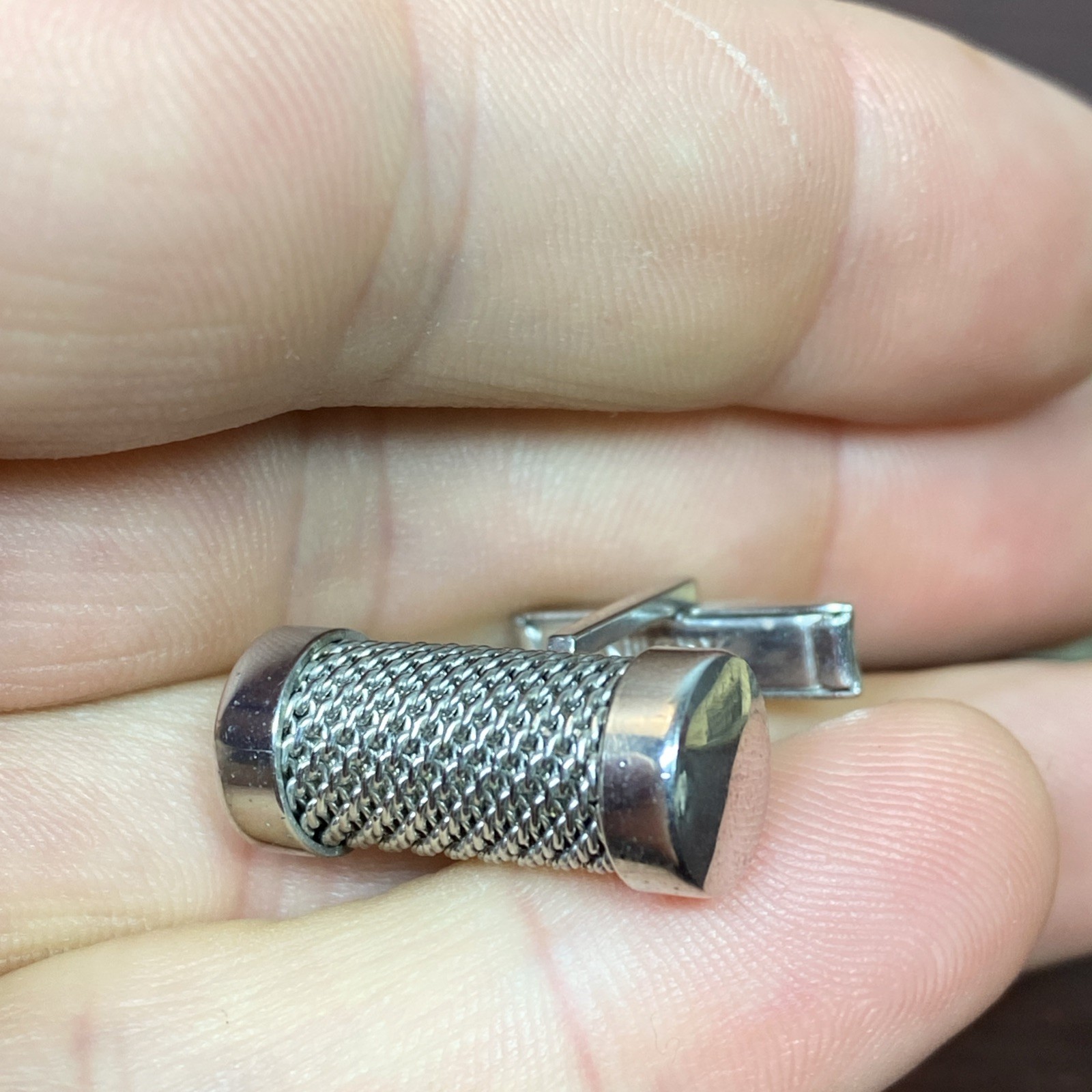 Vtg Round MESH Swank Cuff Links Tie Clip Bar Set (LOOKS LIKE A RETRO MICROPHONE)