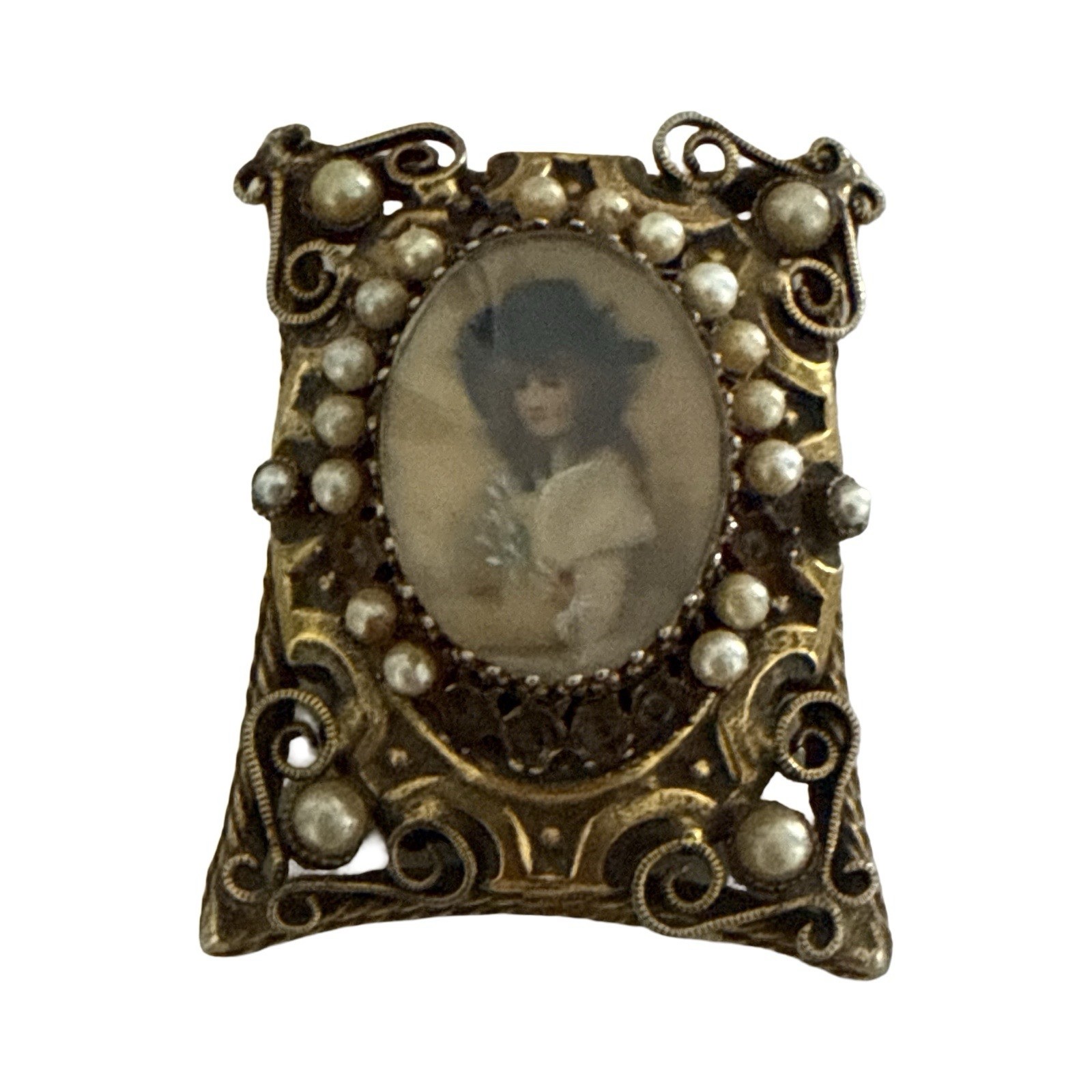 Vintage Original By Robert Hand-Painted Portrait Brooche,Velvet Lined Shadow Box