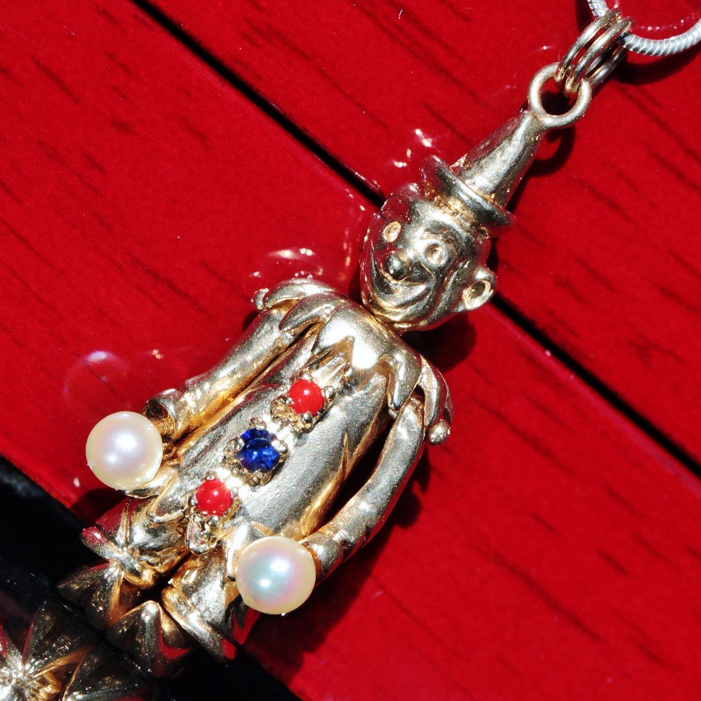 14k yellow gold 3.5mm cultured pearl sapphire 3D movable clown pendant heated 8g