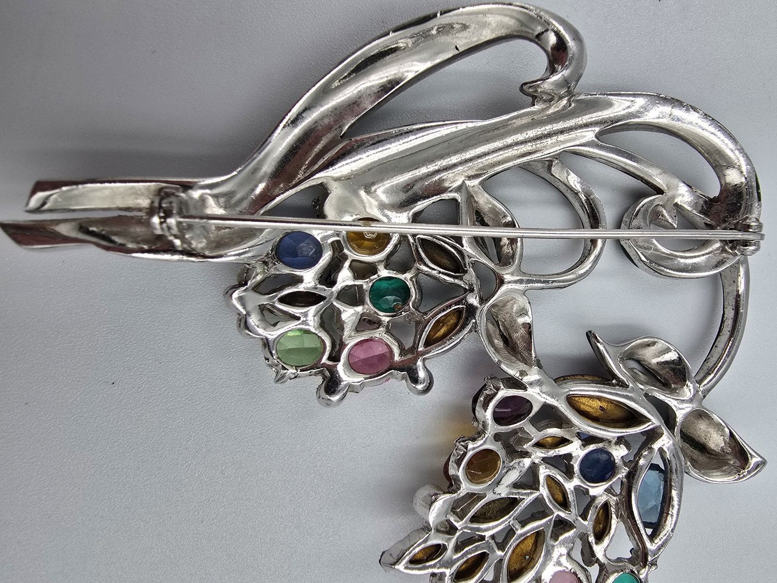 Vintage Enamel Pot Metal Flower Brooch Pin Multicolor Rhinestone Floral Bouquet