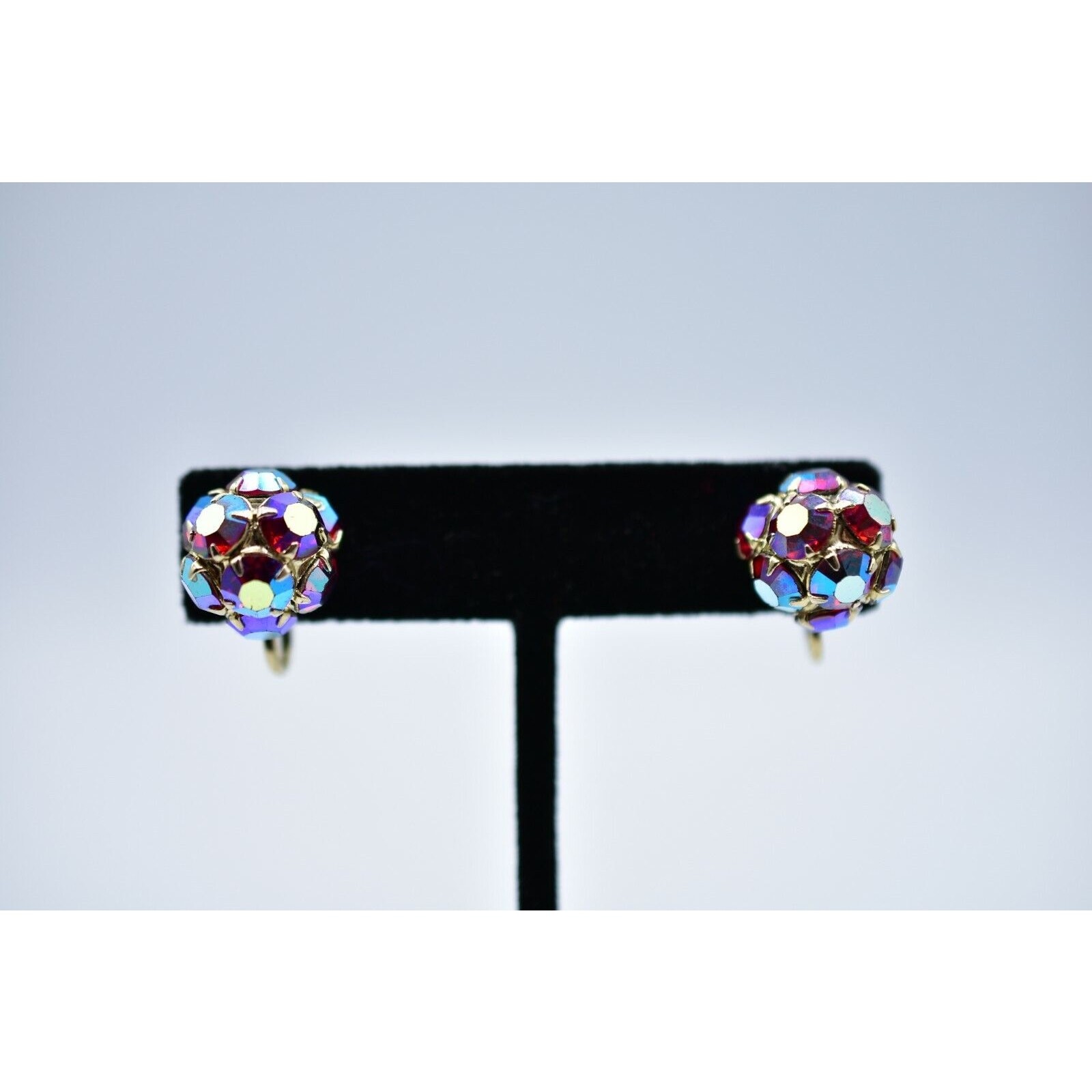 Kramer Vintage Crystal Clip On Earrings Red Aurora Borealis Signed 1950s Bin4