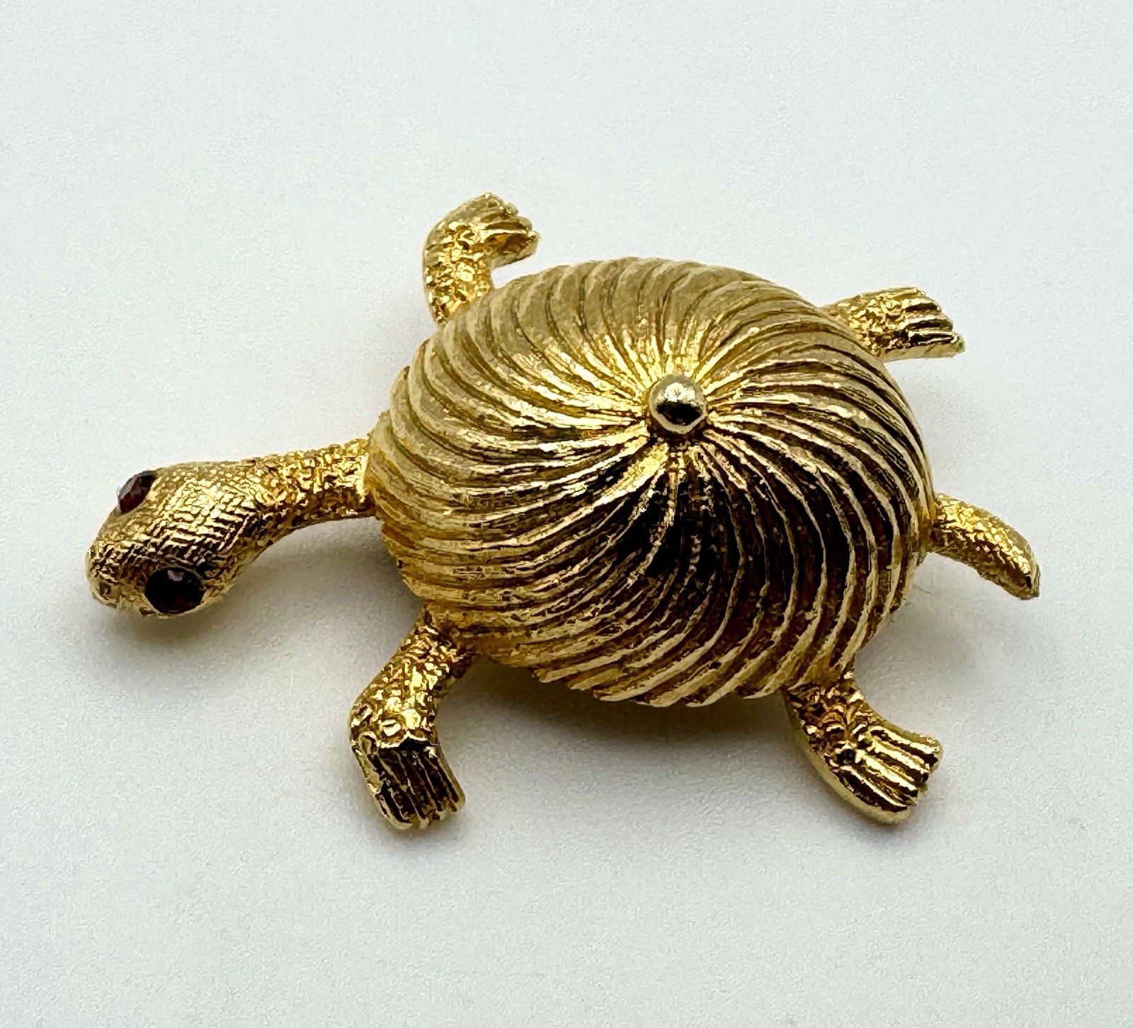 Goldtone Textured Twin Turtle Brooches Red Rhinestone Eyes