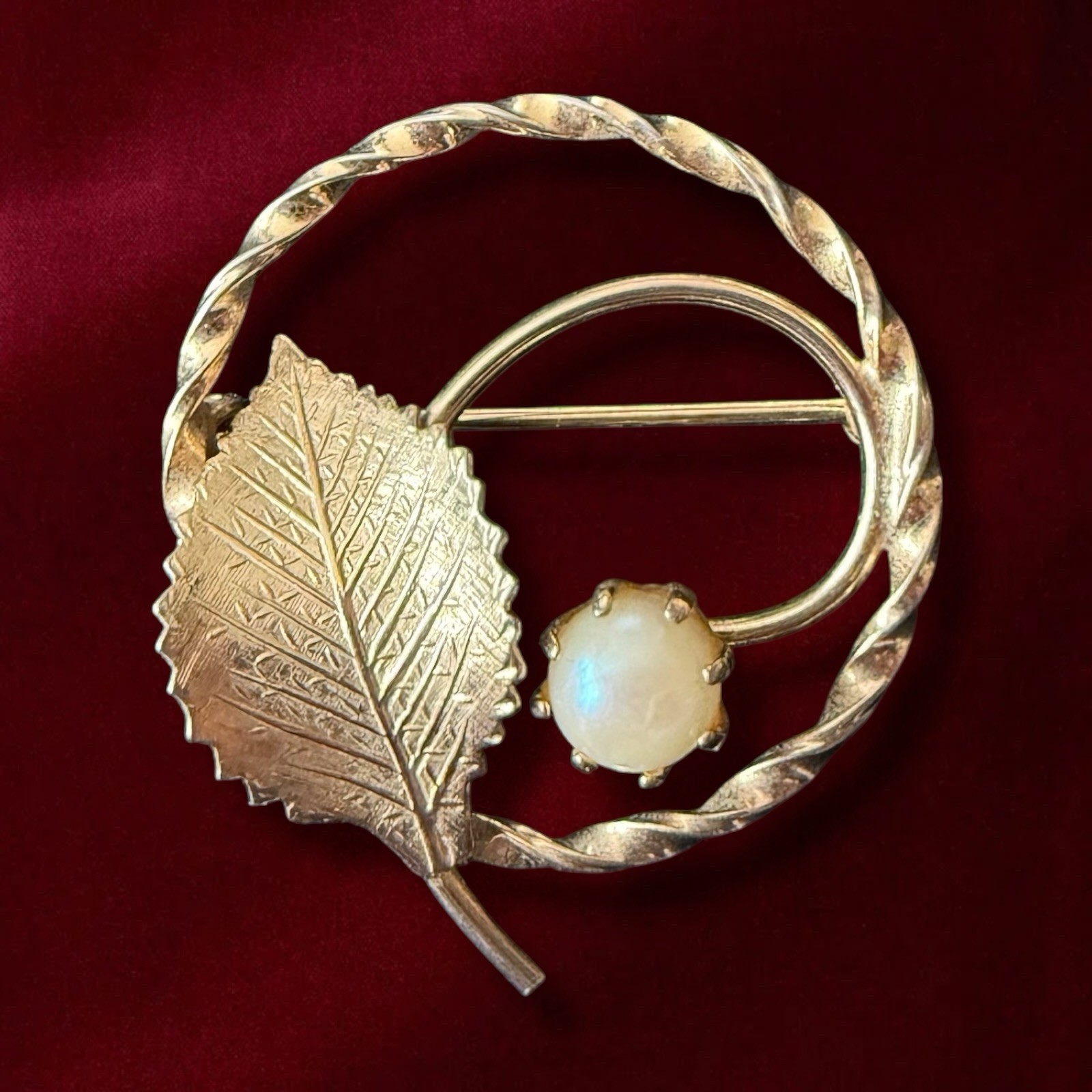 Gold Filled Leaf Brooch Cultured Pearl Pin Mid Century 1950s 12K GF Signed AC
