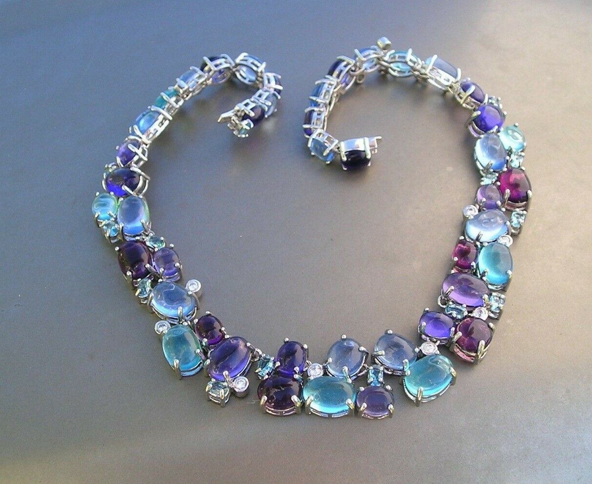 Stunning Vintage Purple Blue Glass Cabochon Open Back Statement Necklace