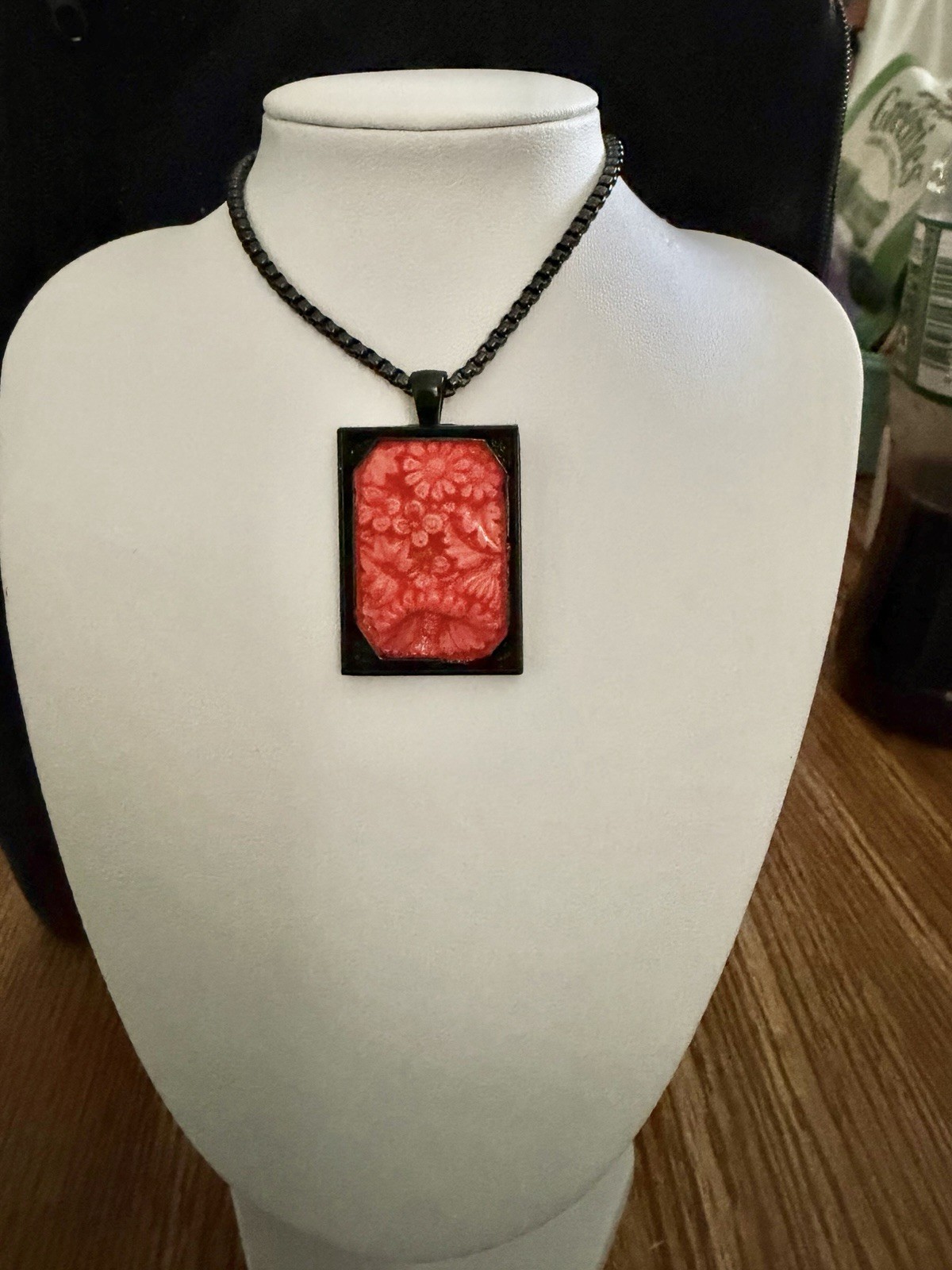Art Deco Upcycled Bohemian Molded Coral Flowers Glass Black Rim Pendant Necklace