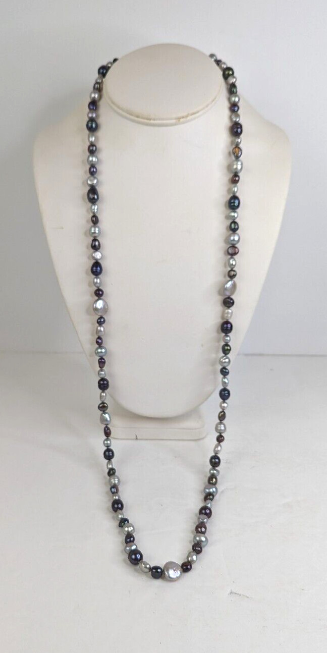 Genuine Baroque Pearl Black Peacock Luster and Silver Gray Necklace 36″ Stunning