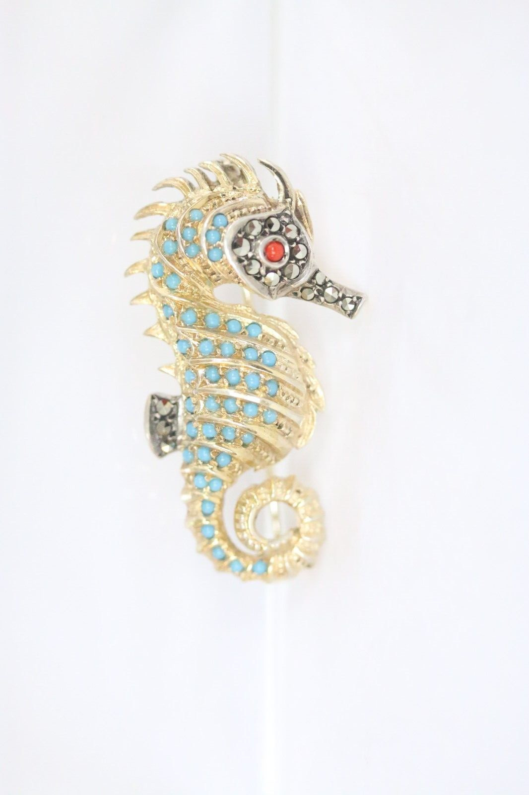 800 Silver Turquoise Marcasite Coral Seahorse Brooch Vintage