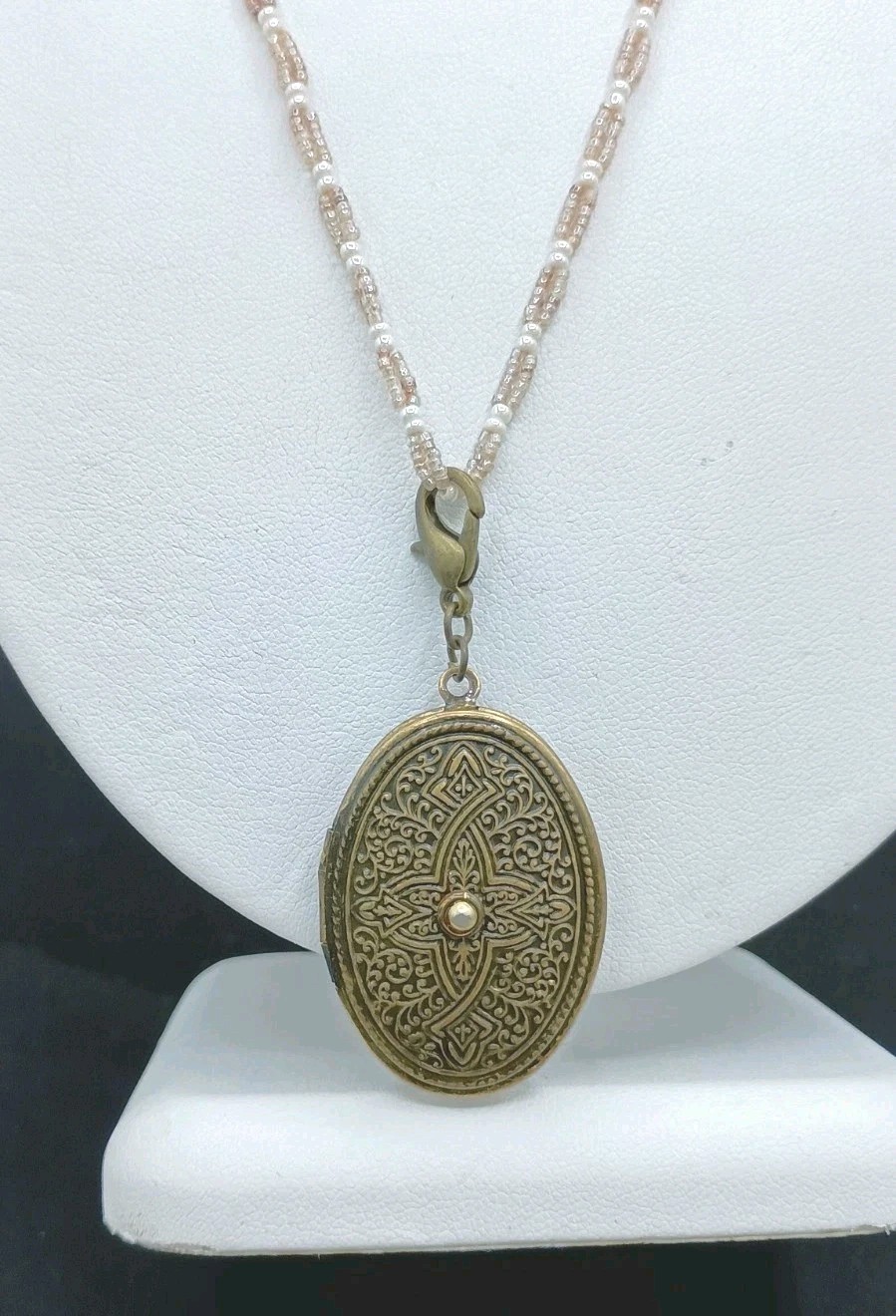 Vintage Coldwater Creek Celtic Cross Locket Necklace Seed Bead Faux Pearl