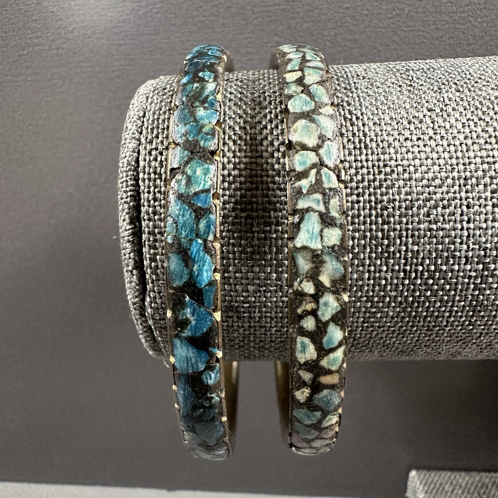 Vintage India Bangles Bracelet Mosaic Stone Brass Blue Green Inlay Set of 2