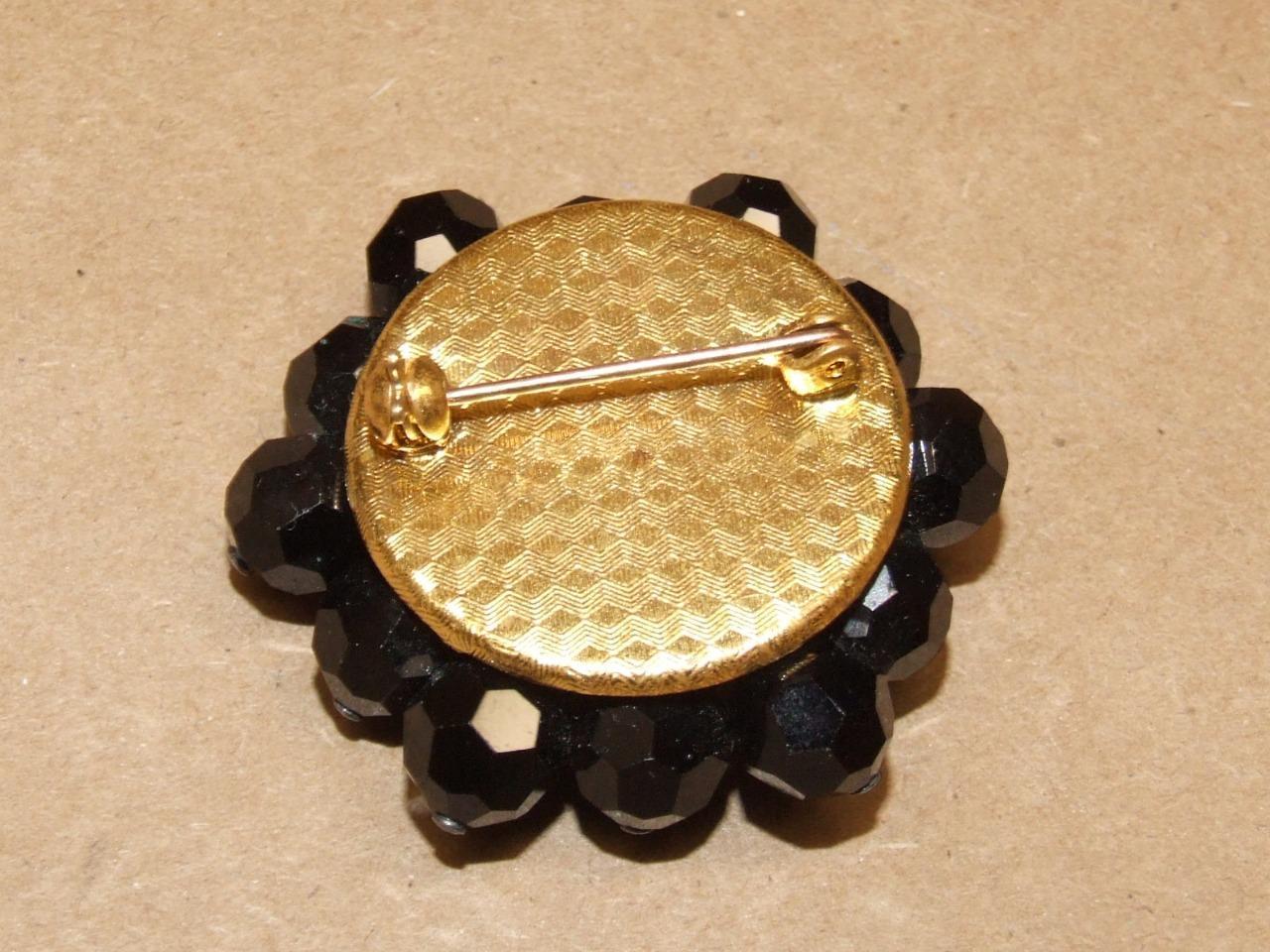 Vintage Black Faceted Glass Flower Pin Brooch 1 1/2 inches Across