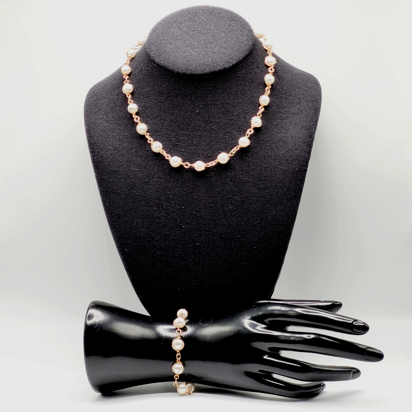 Sarah Coventry Faux Pearl Caged Style Bracelet 7.25 in Necklace 16 in Vtg Signed