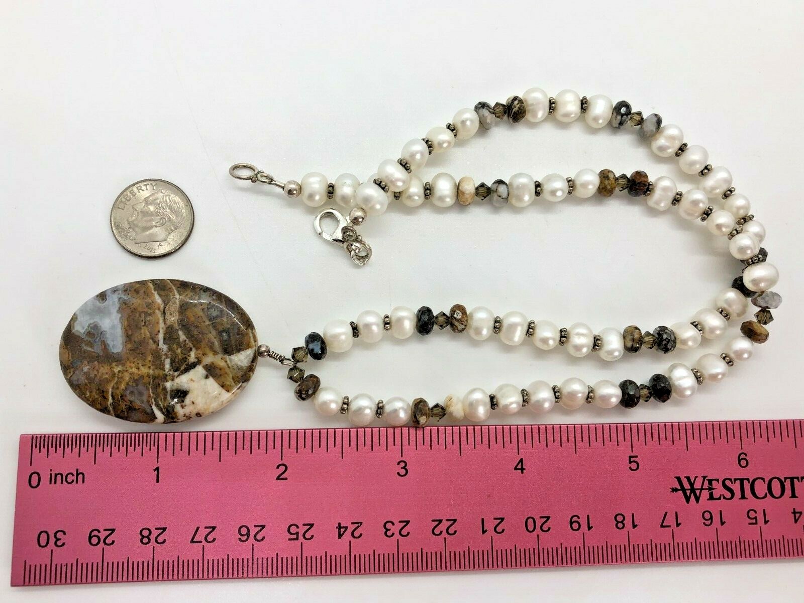 Vintage Sterling Silver 39mm White Brown Agate Pearl Beaded Necklace 20″