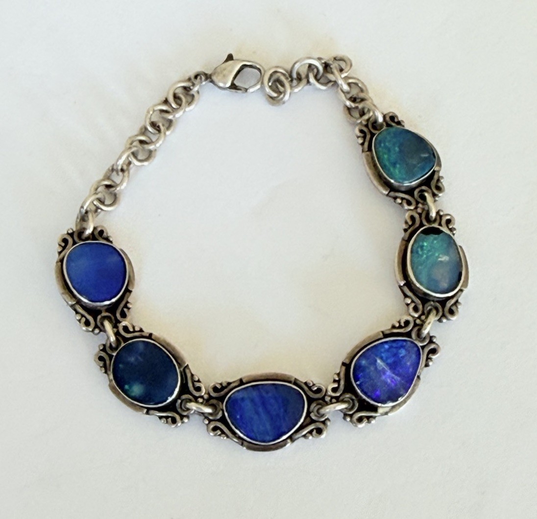 Vintage Sterling Silver Blue Australian Opal Link Bracelet 7”