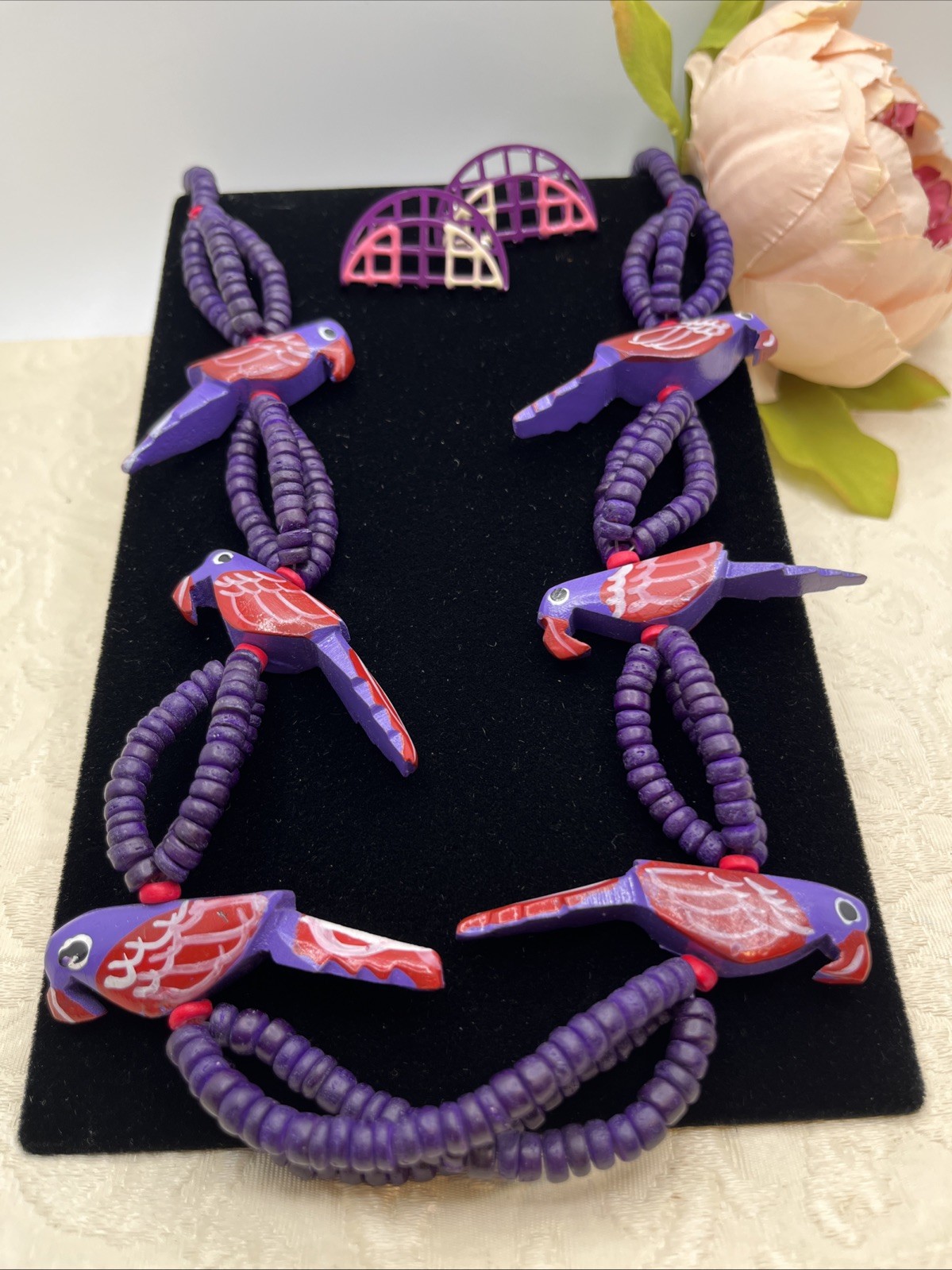Tropical Tiki Parrot Necklace Wooden Carved Beads Colorful Birds Purple Earrings