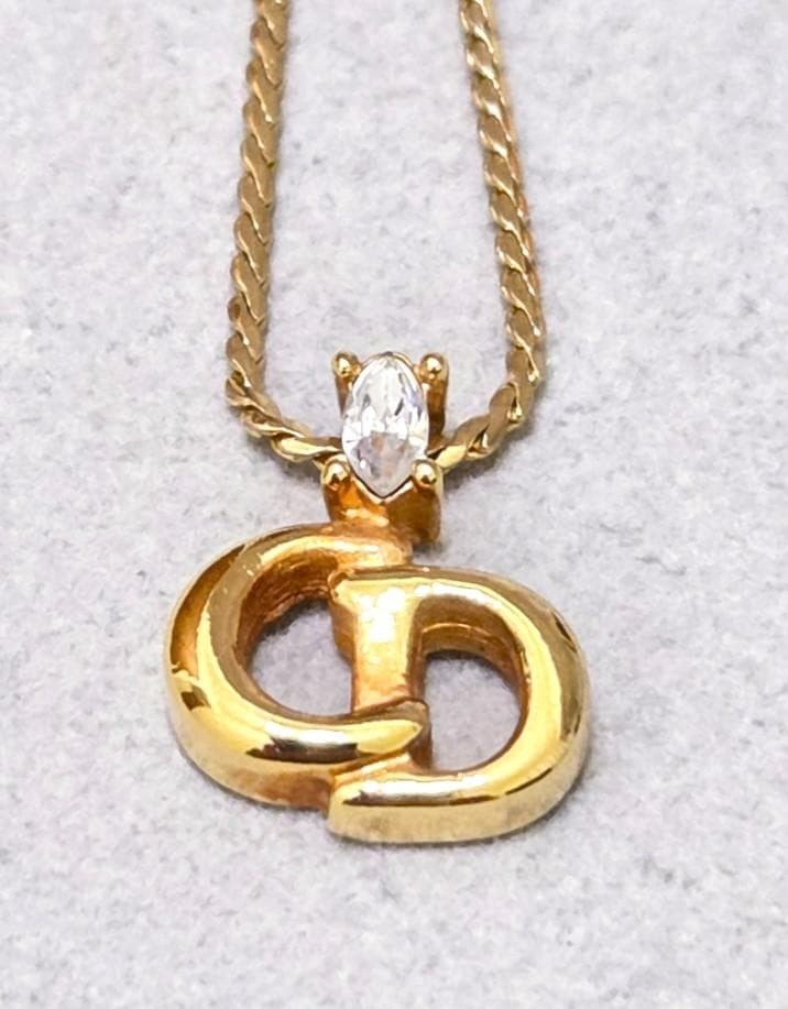Christian Dior CD Logo Rhinestone Gold Necklace 45cm Vintage