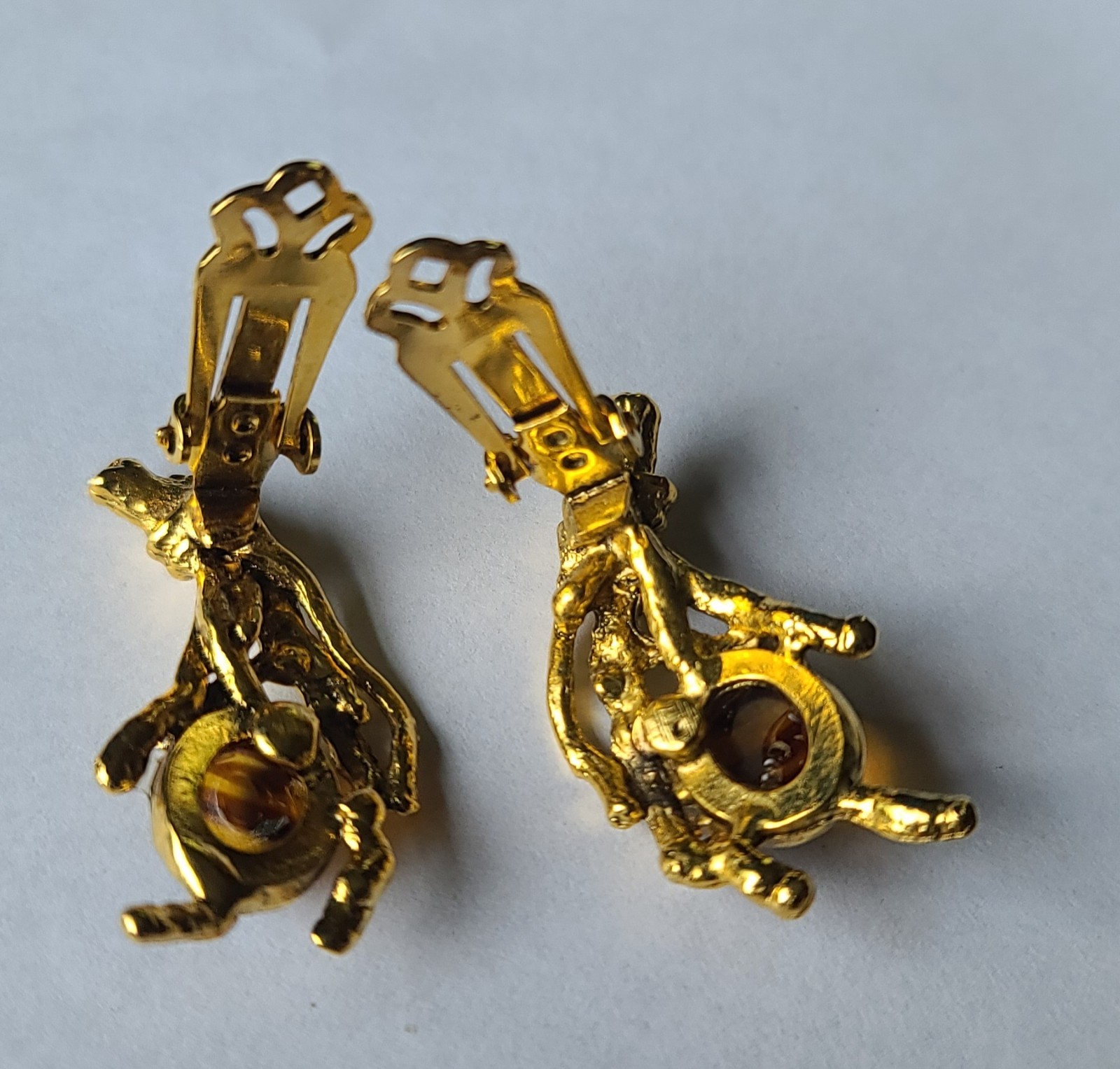 VTG Brutalist Modernist Goldtone Branches Swirl Glass Brooch Pin & Earrings Set