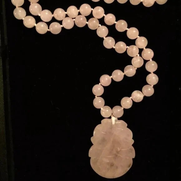 Vintage ASIAN Carved Rose Quartz 12mm Bead Long Beaded Necklace 112g-Stunning!