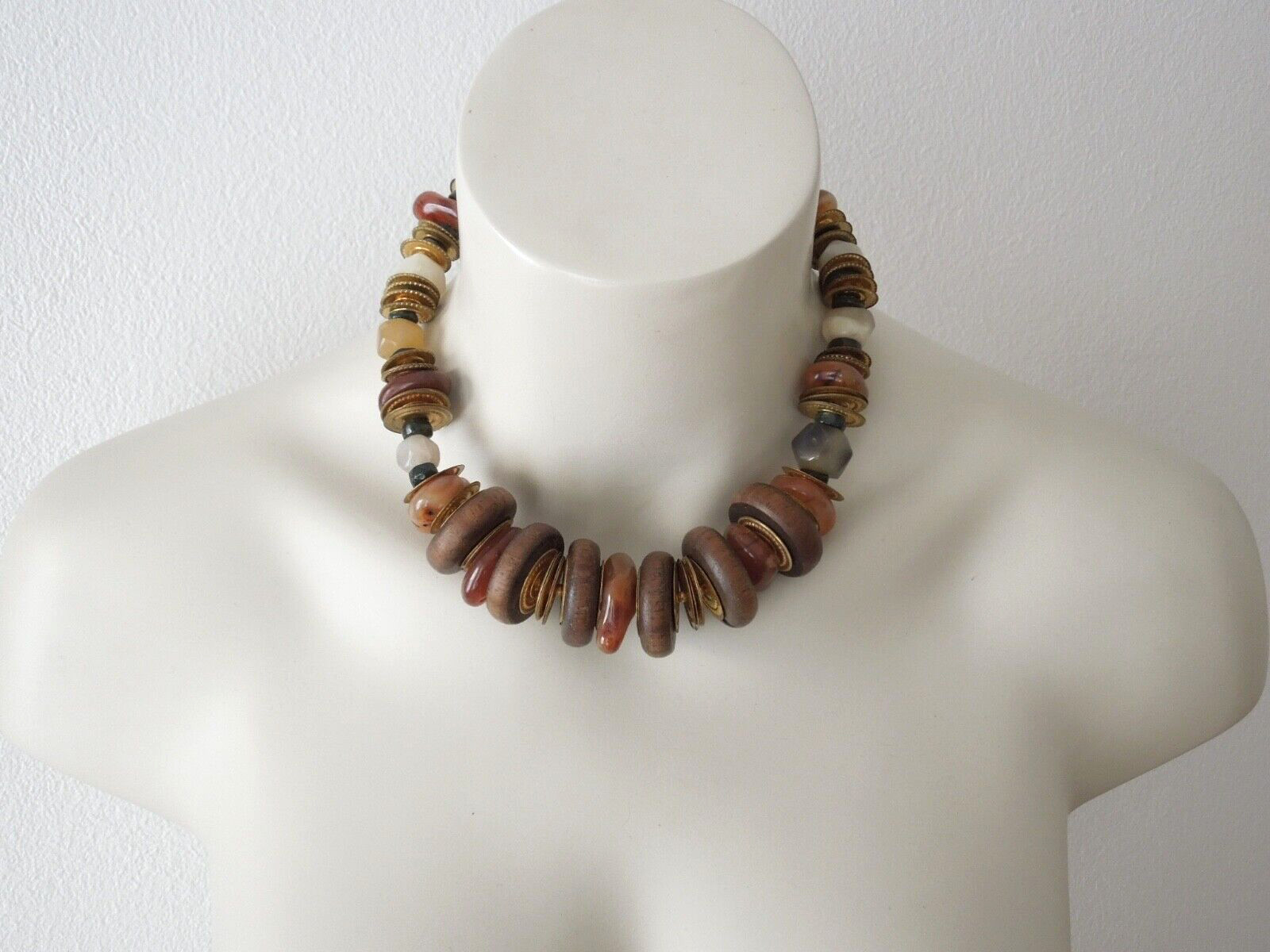 Necklace Collar Wood Metal Plate Agate Solid 168.4 G/46 Cm