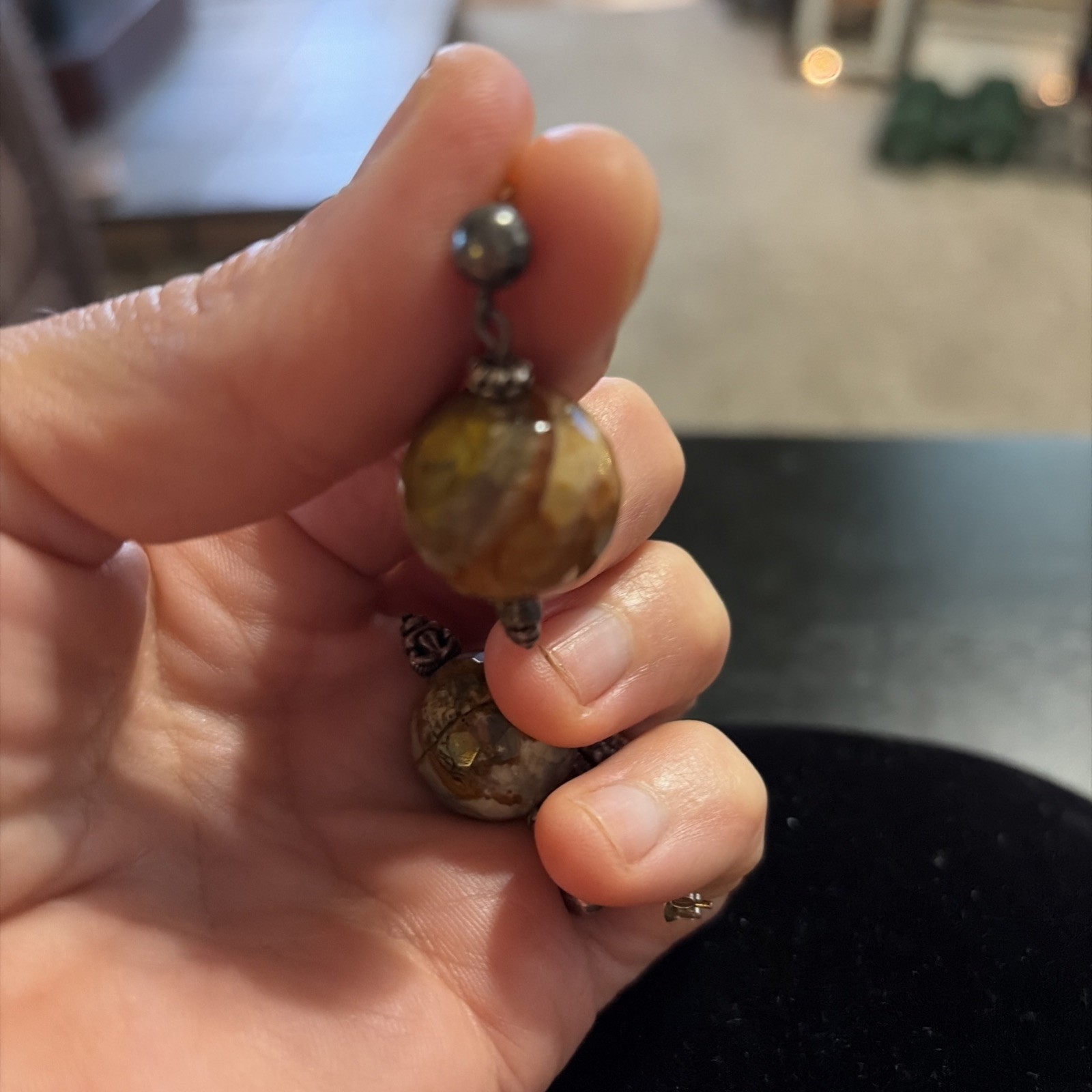 Fauceted petrified wood earth tone beaded pierced ,sterling posts and accents