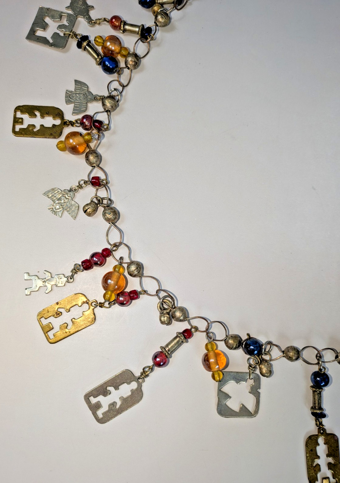 Vintage 70s Milagros Charm Necklace, Brass & Silver w/ Glass Beads, 26.5”