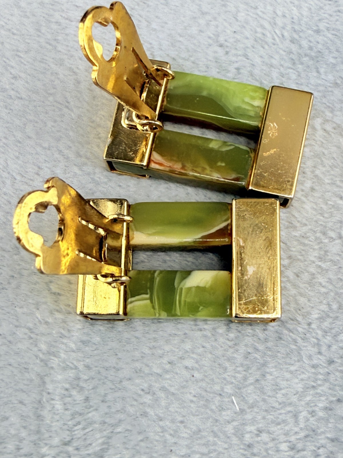 Vintage Orena Paris Earrings Green Lucite Gold Tone Signed